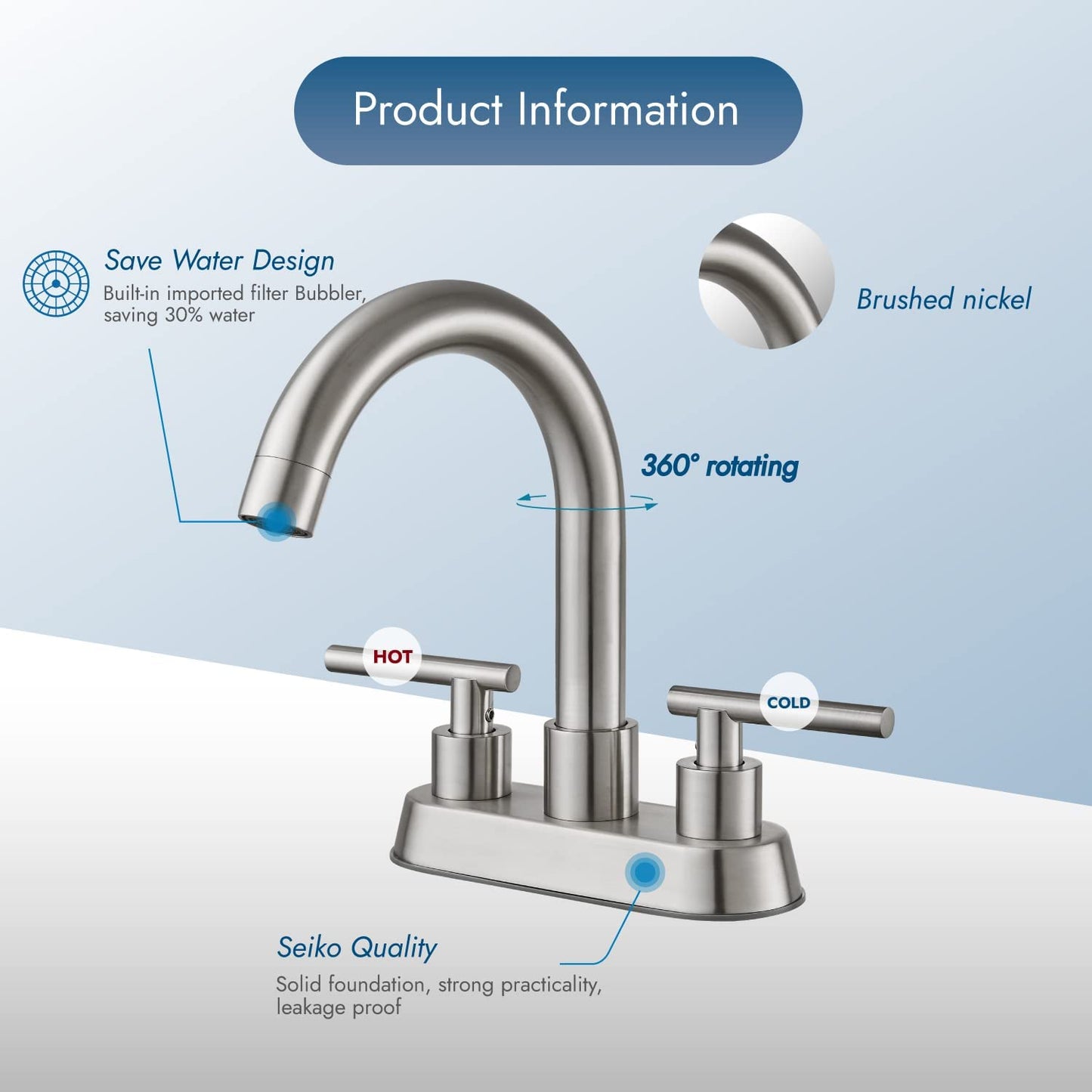 Cinwiny Bathroom SUS304 4 Inch Centerset Sink Faucet Double Handles Sw