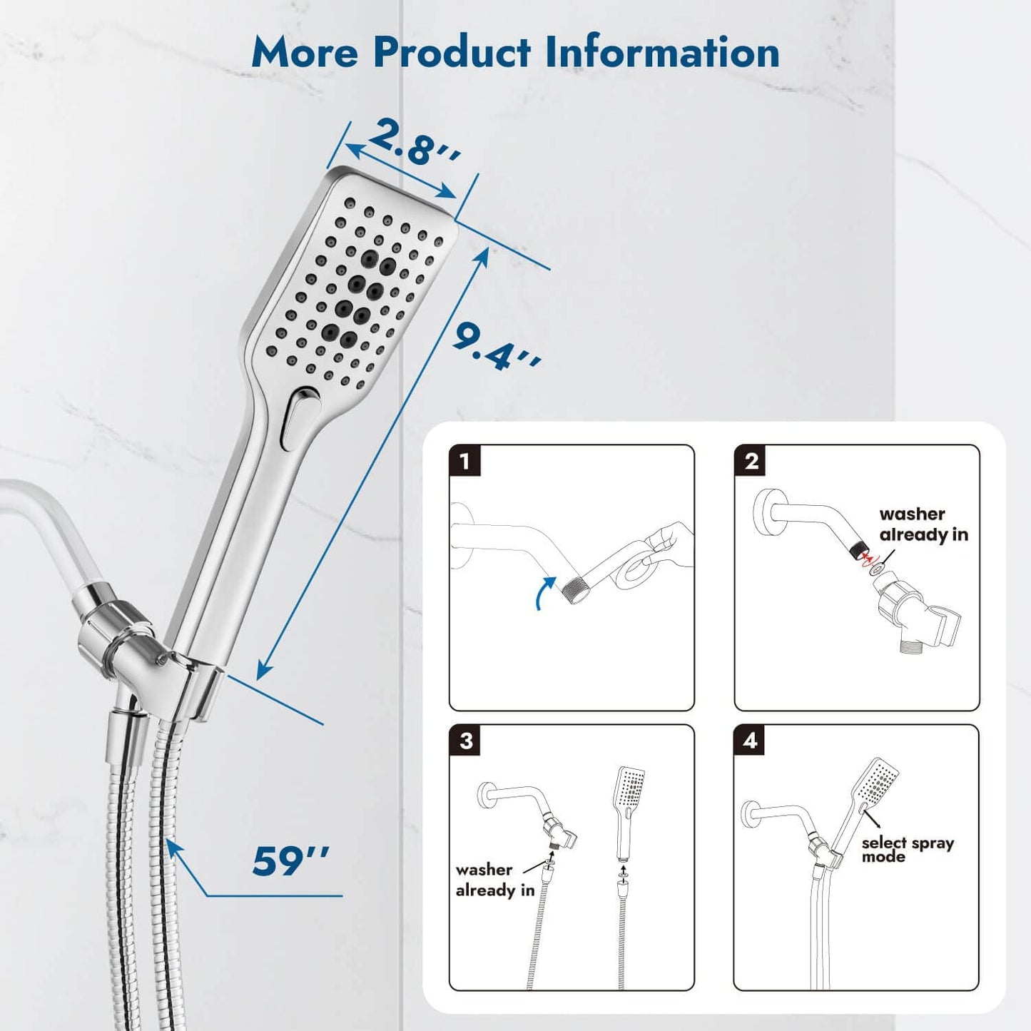 
                  
                    Cinwiny Shower Head with Handheld Wall Mounted High Flow Square Hand Held Sprayer ABS 3 Spray Modes with Adjustable Shower Bracket Holder & 59” SUS304 Hose Combo
                  
                