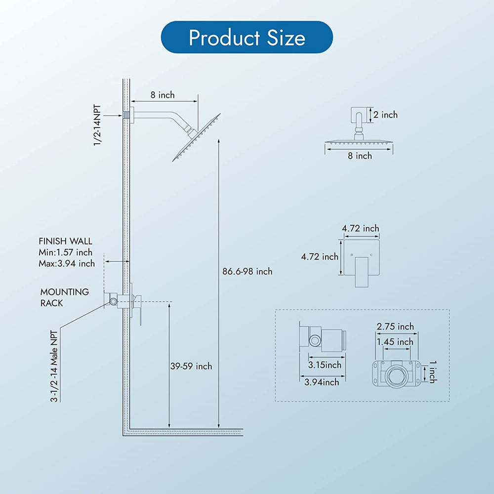 
                  
                    Cinwiny Shower Faucet Set with 8 Inch Square Single Function Rainfall Showerhead Shower Single Function Shower Trim Kit with Male Thread Rough-in Valve One Handle Shower System
                  
                