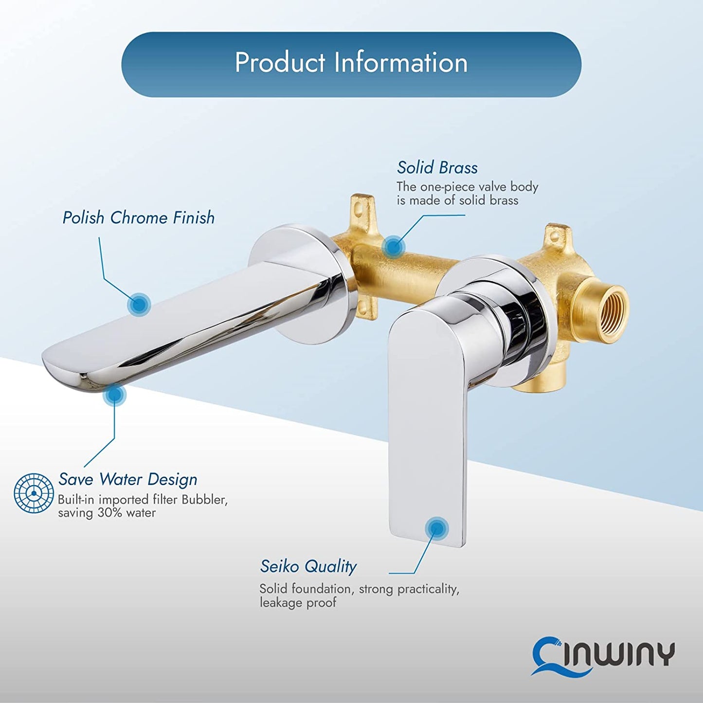 
                  
                    Cinwiny Wall Mount Bathroom Sink Faucet One Lever Handle SUS304 Lavatory Vanity Vessel Basin Mixer Tap with Solid Brass Rough-in Valve
                  
                