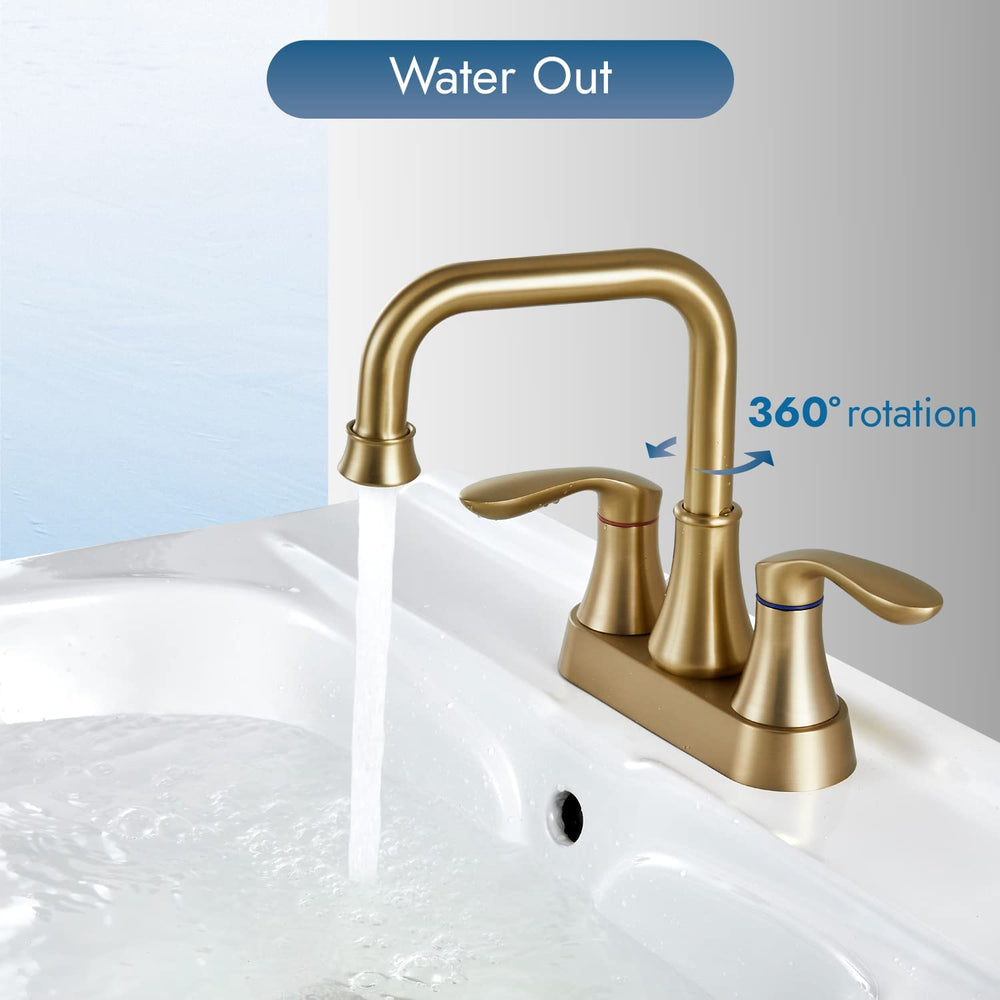 
                  
                    Cinwiny Brushed Gold Centerset 4 Inch Bathroom Sink Faucet NSF&cUPC Standard Double Handle Swivel Spout Lavatory Deck Mount Mixer Tap Two Hole with Pop-up Drain Water Supply Hoses
                  
                