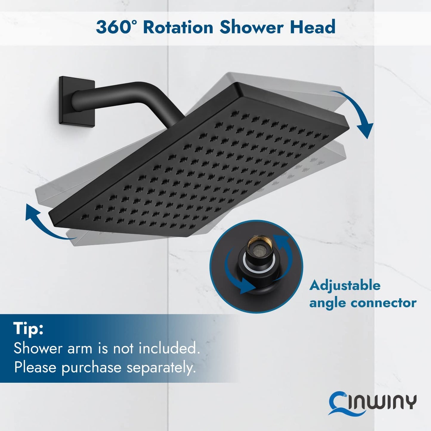 
                  
                    Cinwiny Rain Shower Head 8” Square Overhead Shower High Pressure Angle Adjustable Waterfall Modern Luxury ABS Bathroom Showerhead with Silicone Noozles
                  
                