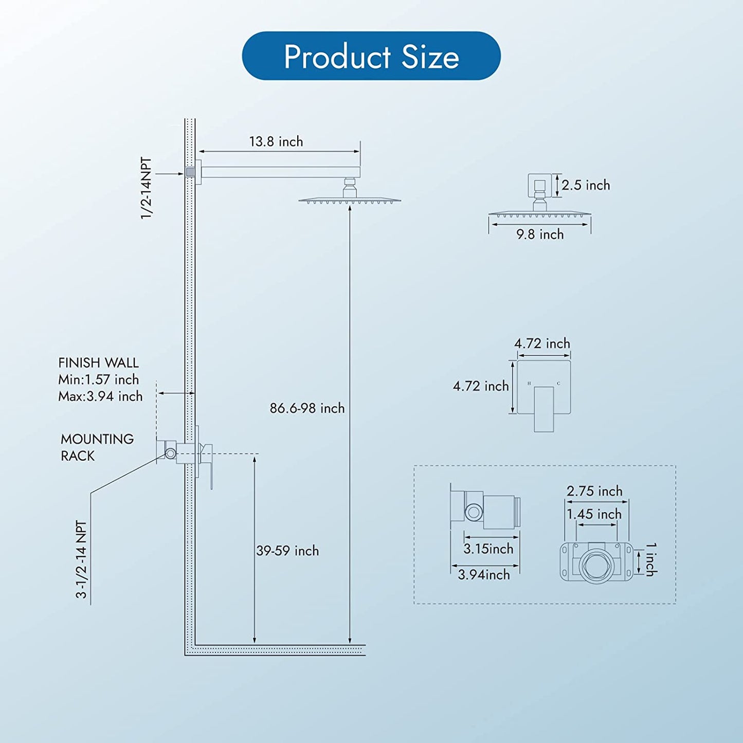 
                  
                    Cinwiny 10 Inch Wall Mounted Rain Shower System Square Shower head Bathroom Shower Head Kit One Function with Rough-in Valve Single Handle Rainfall Shower Trim Kit
                  
                