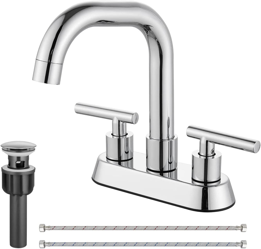 
                  
                    Cinwiny 4 inch centerset Bathroom Faucet Two Handle Vanity Faucet Swivel Spout 360 Degree Deck Mounted Mixer Tap with Pop-up Stopper Water Supply Hoses
                  
                