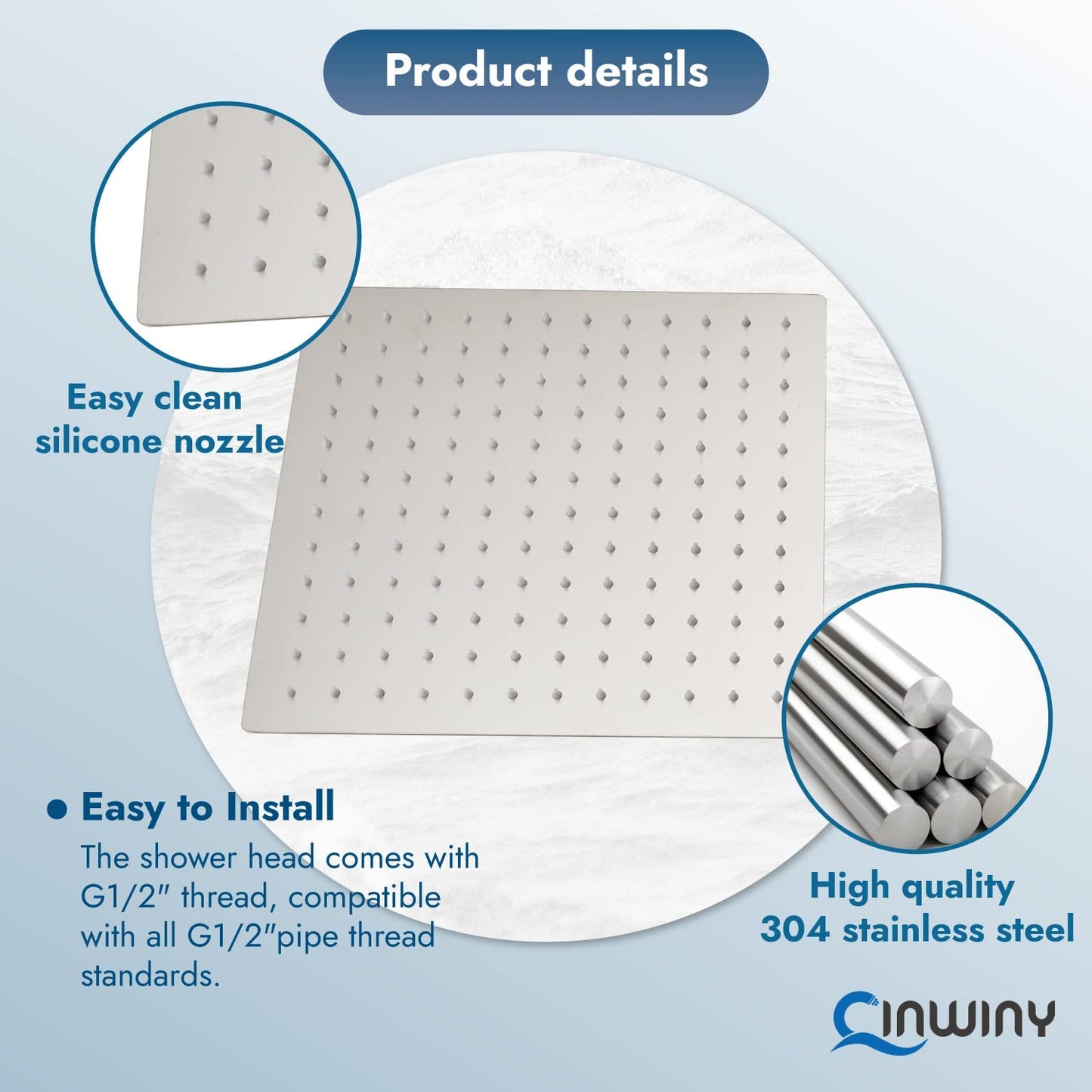 
                  
                    Cinwiny High Pressure Square 10-inch Shower Head 1/16" Ultra Thin Waterfall Full Body Coverage with Silicone Nozzle Stainless Steel Rainfall Showerhead
                  
                