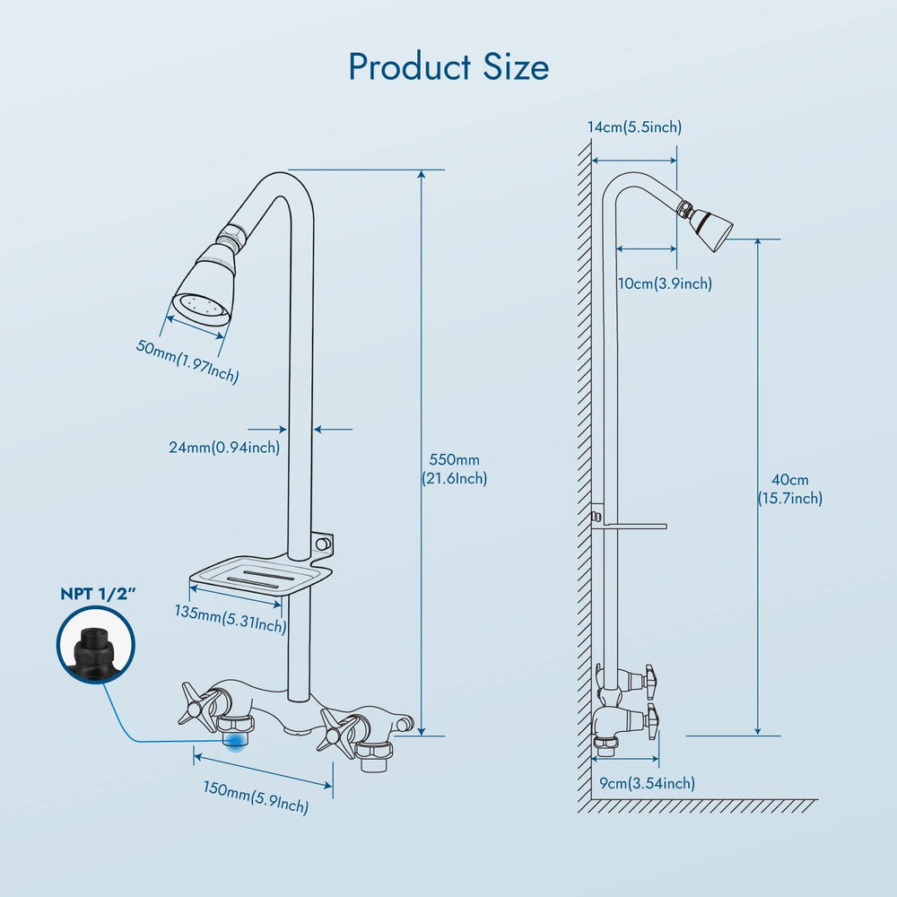 
                  
                    Cinwiny Outdoor Shower Kit Wall Mount Double Cross Handle Brass Mixer Valve Adjustable Shower Head Exposed Shower System Water Inlet Down with Soap Dish
                  
                