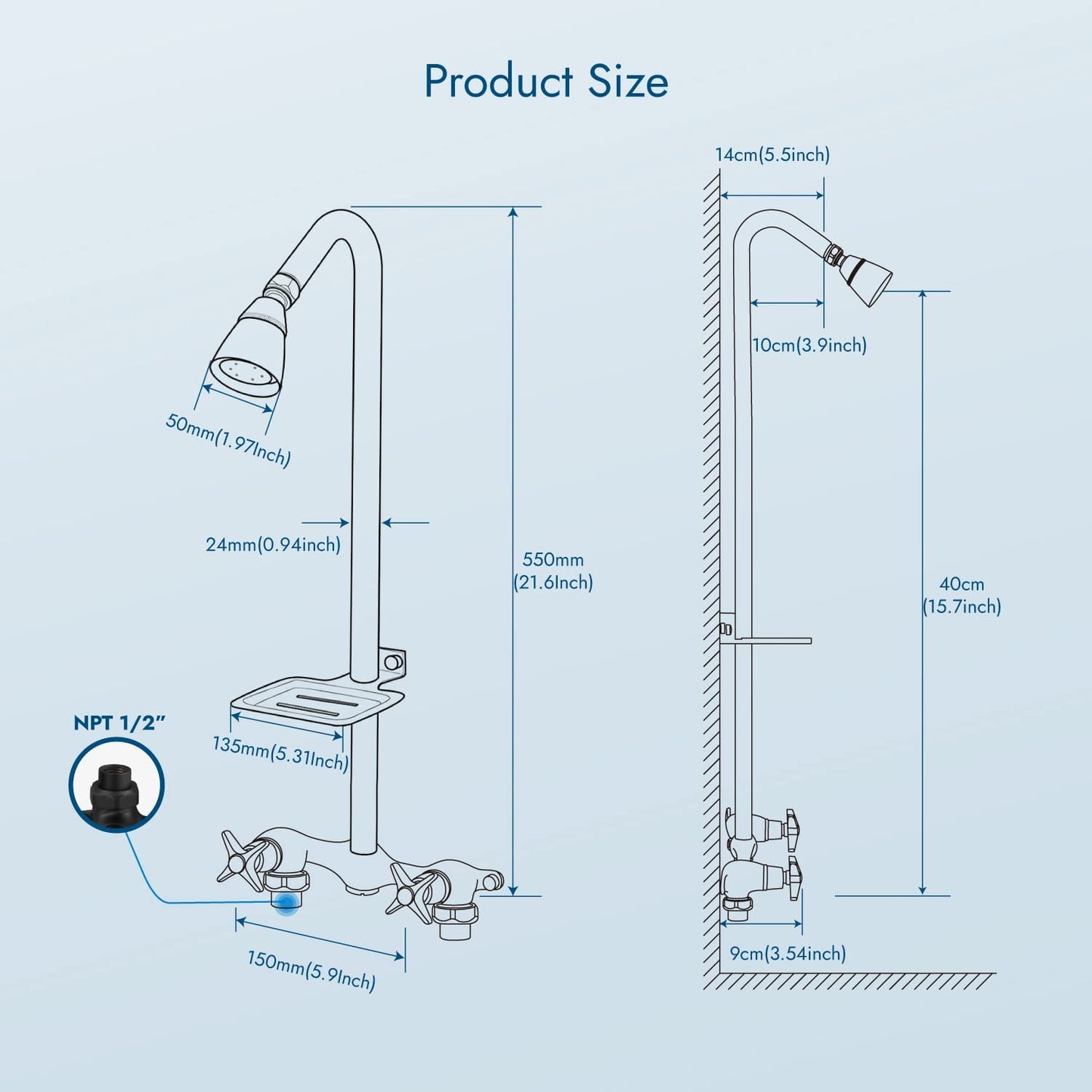 
                  
                    Cinwiny Outdoor Shower Kit Wall Mount Double Cross Handle Brass Mixer Valve Adjustable Shower Head Exposed Shower System Water Inlet Down with Soap Dish
                  
                