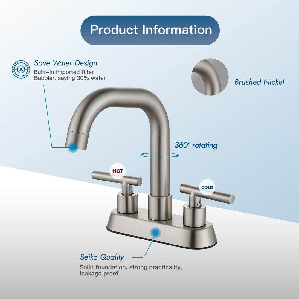 
                  
                    Cinwiny 4 inch centerset Bathroom Faucet Two Handle Vanity Faucet Swivel Spout 360 Degree Deck Mounted Mixer Tap with Pop-up Stopper Water Supply Hoses
                  
                