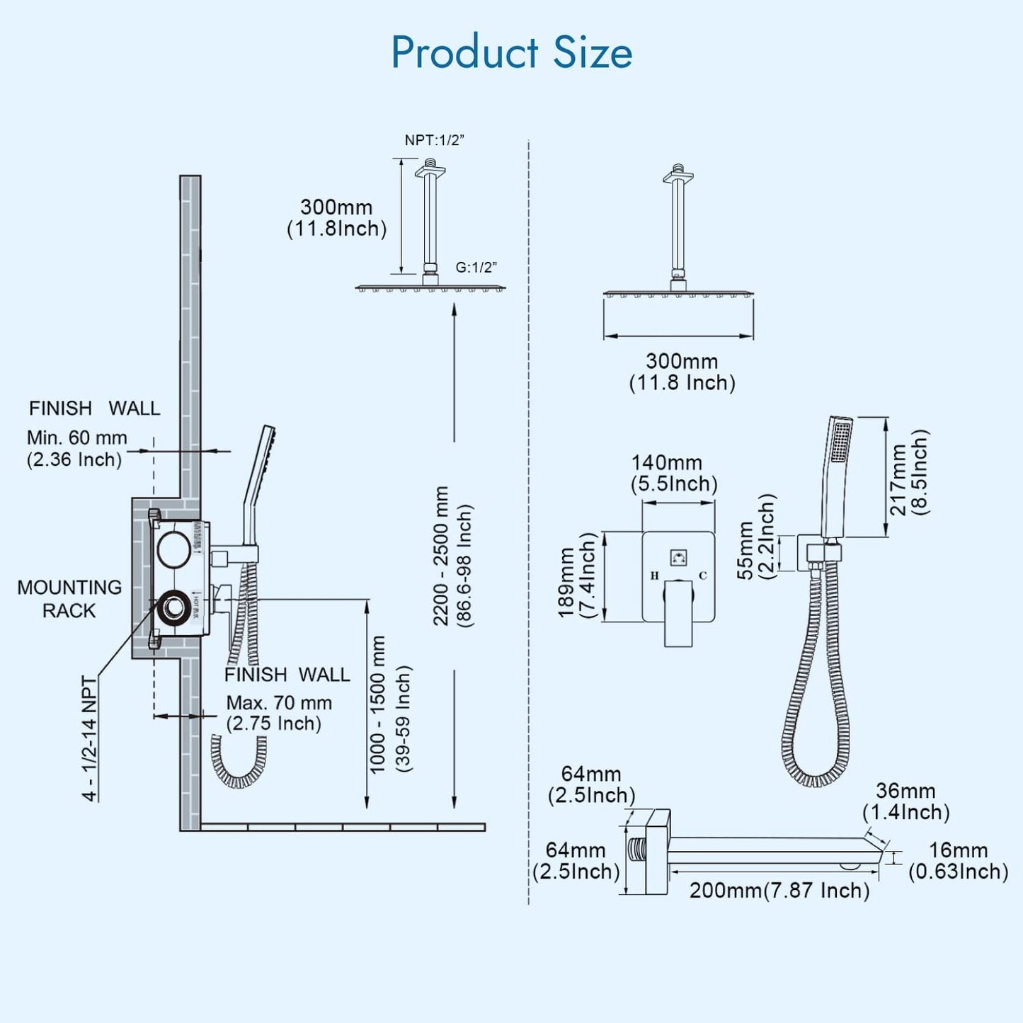 
                  
                    Cinwiny Shower System with Tub Spout 3 Function Mixer Shower Combo Kit Ceiling Mounted 12 Inch Rainfall Shower Head Set with Handheld Shower Spray Luxury Rough-in Valve
                  
                