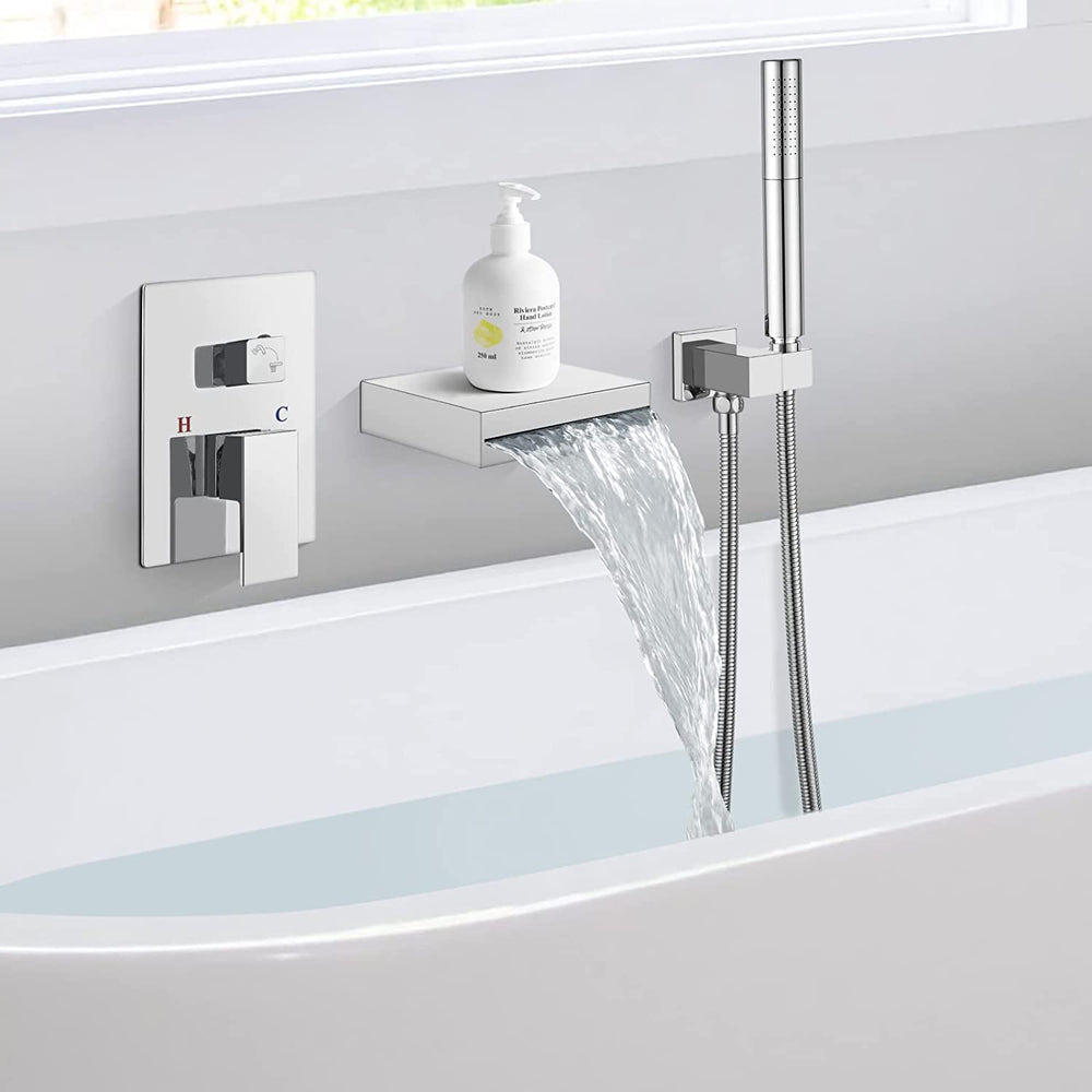 
                  
                    Cinwiny Wall Mount Waterfall Tub Filler Spout with Hand-held Shower 2 in 1 Single Handle Bathtub Shower Faucet Set Rough-in Valve
                  
                