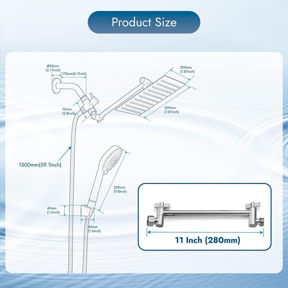 
                  
                    Cinwiny Rain Shower Head with Hand Held Sprayer Combo Wall Mounted 8" 4-setting Shower Head with 11 Inch Extension Arm High Pressure Handheld Showerhead Set with Hose, Flow Regulator
                  
                