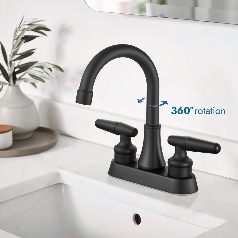 
                  
                    Cinwiny 4” Lavatory Sink Faucet Centerset Bathroom Mixer Tap Deck Mounted 2 Hole Two Handle 360 Degree Swivel Spout Vanity Basin Vessel Faucet
                  
                