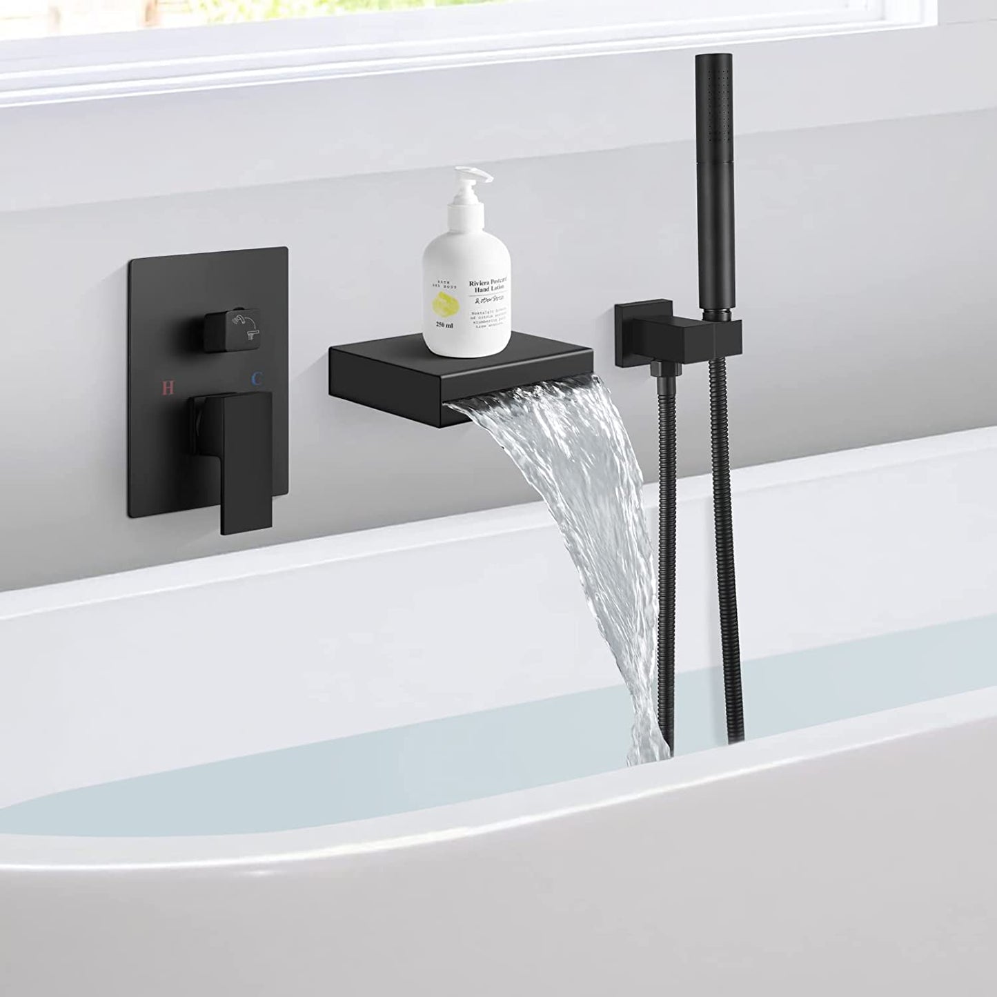 
                  
                    Cinwiny Wall Mount Waterfall Tub Filler Spout with Hand-held Shower 2 in 1 Single Handle Bathtub Shower Faucet Set Rough-in Valve
                  
                