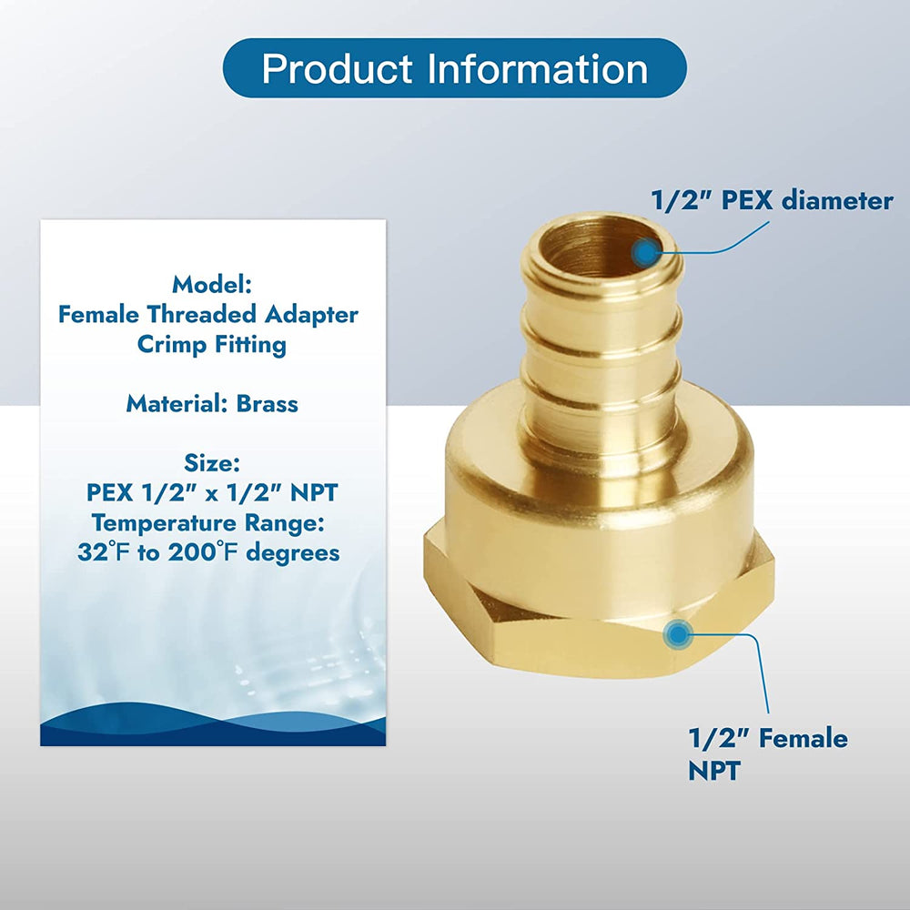 
                  
                    Cinwiny Brass PEX 1/2" x 1/2" NPT Female Threaded Adapter PEX Crimp Fittings Lead-free, 5 Packs
                  
                