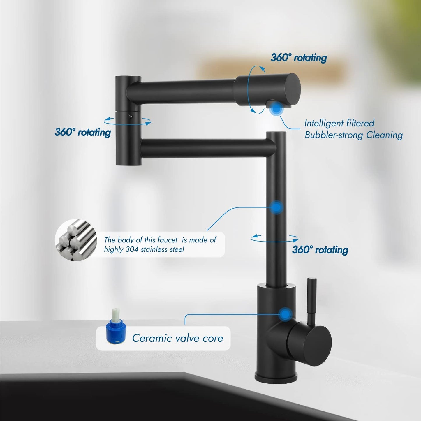 
                  
                    Cinwiny Deck Mount Pot Filler Faucet Hot and Cold Water Single Handle Countertop Double Joints 360° Rotating Retractable Commercial Kitchen Sink Faucet Stainless Steel
                  
                