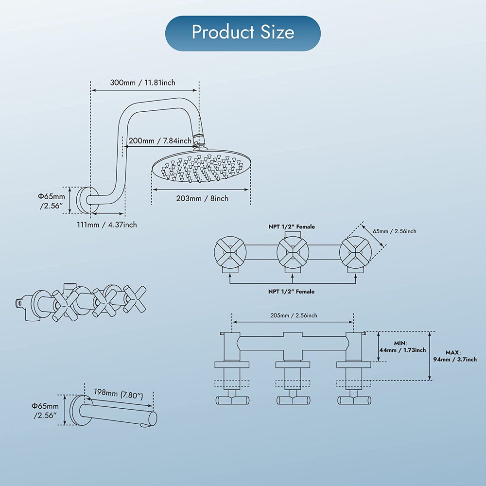 
                  
                    Cinwiny 3 Handles Tub and Shower System,Wall Mount Bathtub Faucet Set with Tub Spout 8-inch Round Shower Head Bathroom Shower Trim Kit Brass Valve Included
                  
                