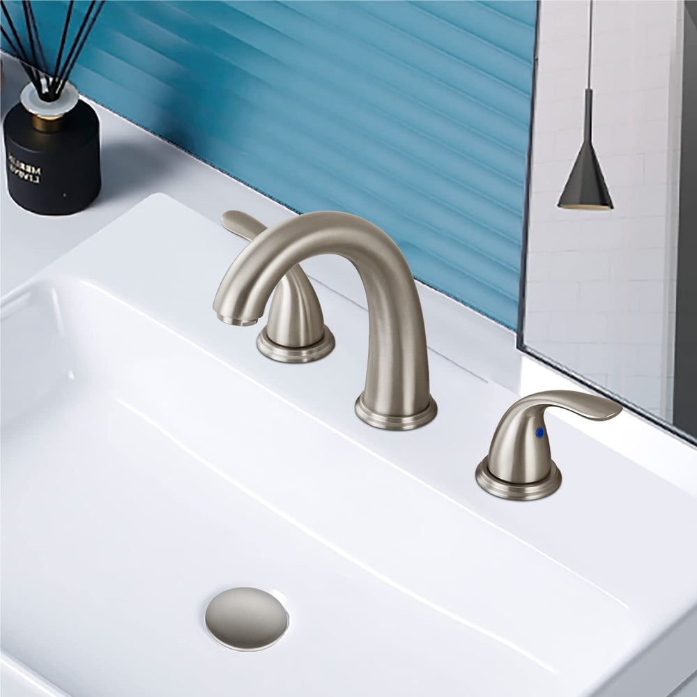 
                  
                    Cinwiny 8” Widespread Bathroom Faucet Deck Mount Three Holes Brass Valve Sink Lavatory Stainless Steel Faucet Two Handles Mixer Tap with Pop up Drain Stopper
                  
                