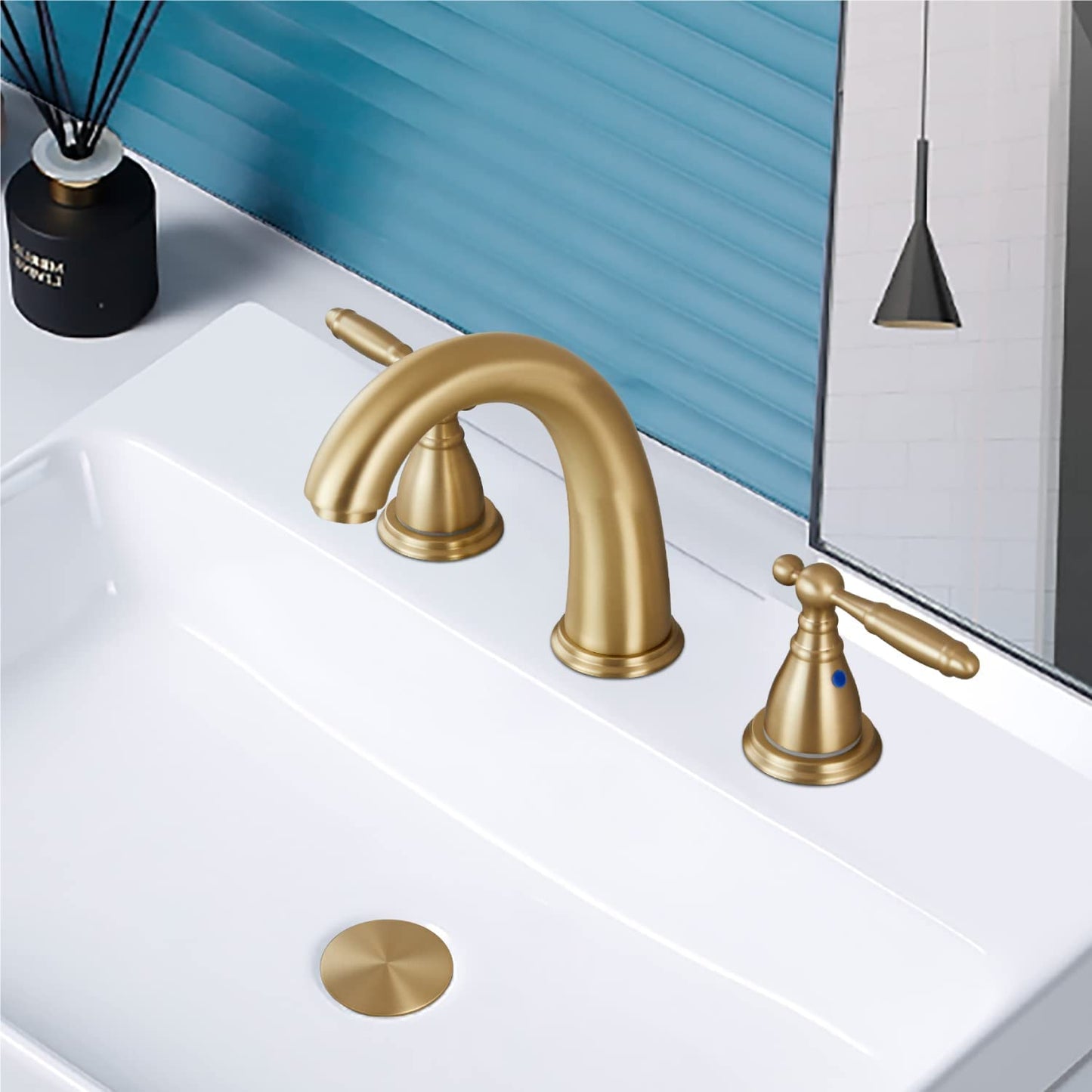 
                  
                    Cinwiny Widespread Bathroom Faucet Deck Mounted 8 Inch 3 Holes Brass Valve Sink Vanity SUS304 Faucet Double Handles Mixer Tap with Pop up Drain and Water Supply Hoses
                  
                