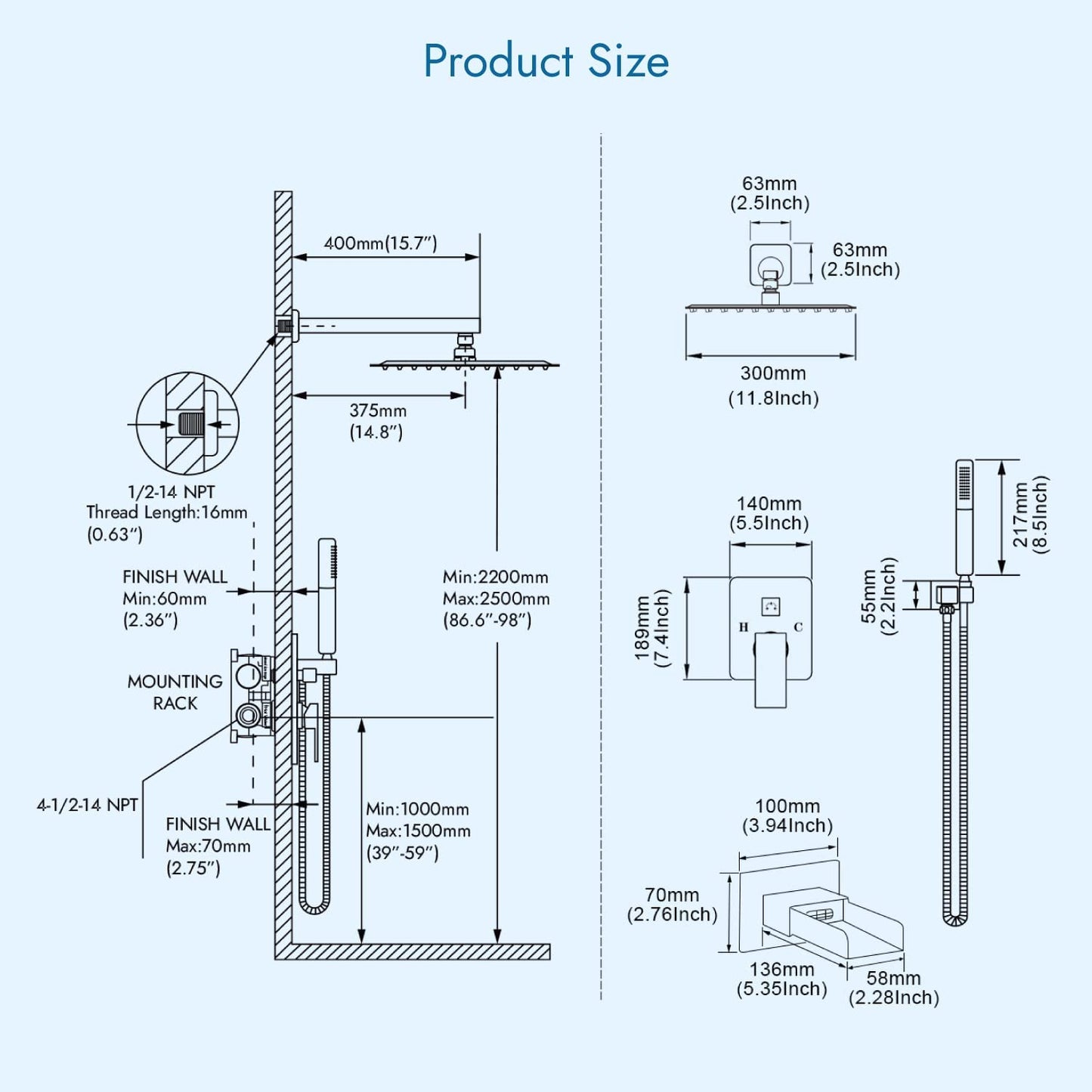 
                  
                    Cinwiny Bathroom Rainfall Shower System 12 Inch Shower Head with 2 in 1 Function Handheld Spray Wall Mount Waterfall Tub Spout Combo Set Rough-in Valve 3 Function Mixer Faucet
                  
                