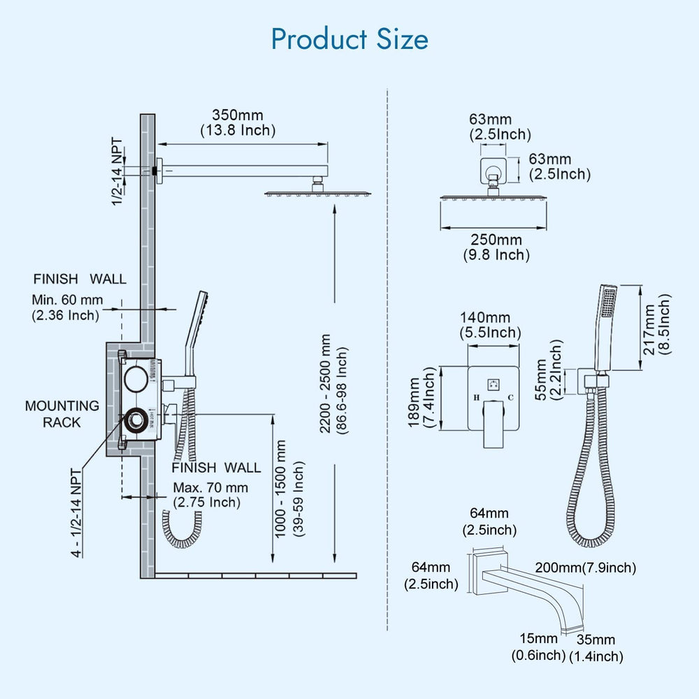 
                  
                    Cinwiny Bathroom Shower System 10 Inch Rainfall Shower Head with Handheld Spray Wall Mount Tub Spout Combo Set Rough-in Valve 3 Function Mixer Shower Faucet
                  
                