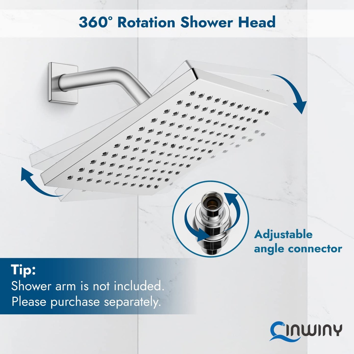 
                  
                    Cinwiny Rain Shower Head 8” Square Overhead Shower High Pressure Angle Adjustable Waterfall Modern Luxury ABS Bathroom Showerhead with Silicone Noozles
                  
                