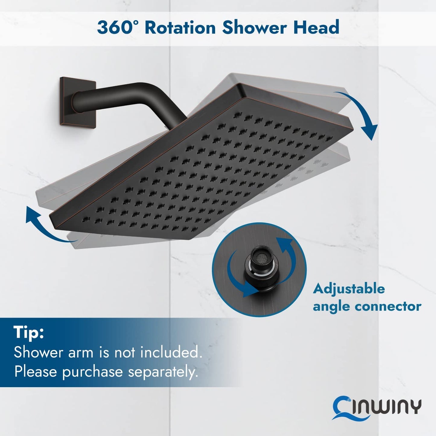 
                  
                    Cinwiny Rain Shower Head 8” Square Overhead Shower High Pressure Angle Adjustable Waterfall Modern Luxury ABS Bathroom Showerhead with Silicone Noozles
                  
                