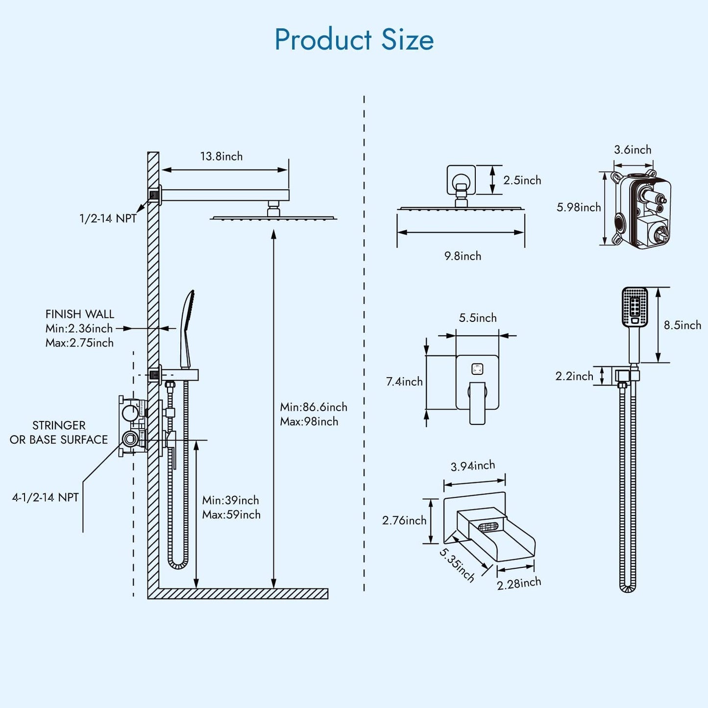 Wall-Mounted 380 x 700mm Shower Faucet System in Matte Black Rainfall 5 Functions