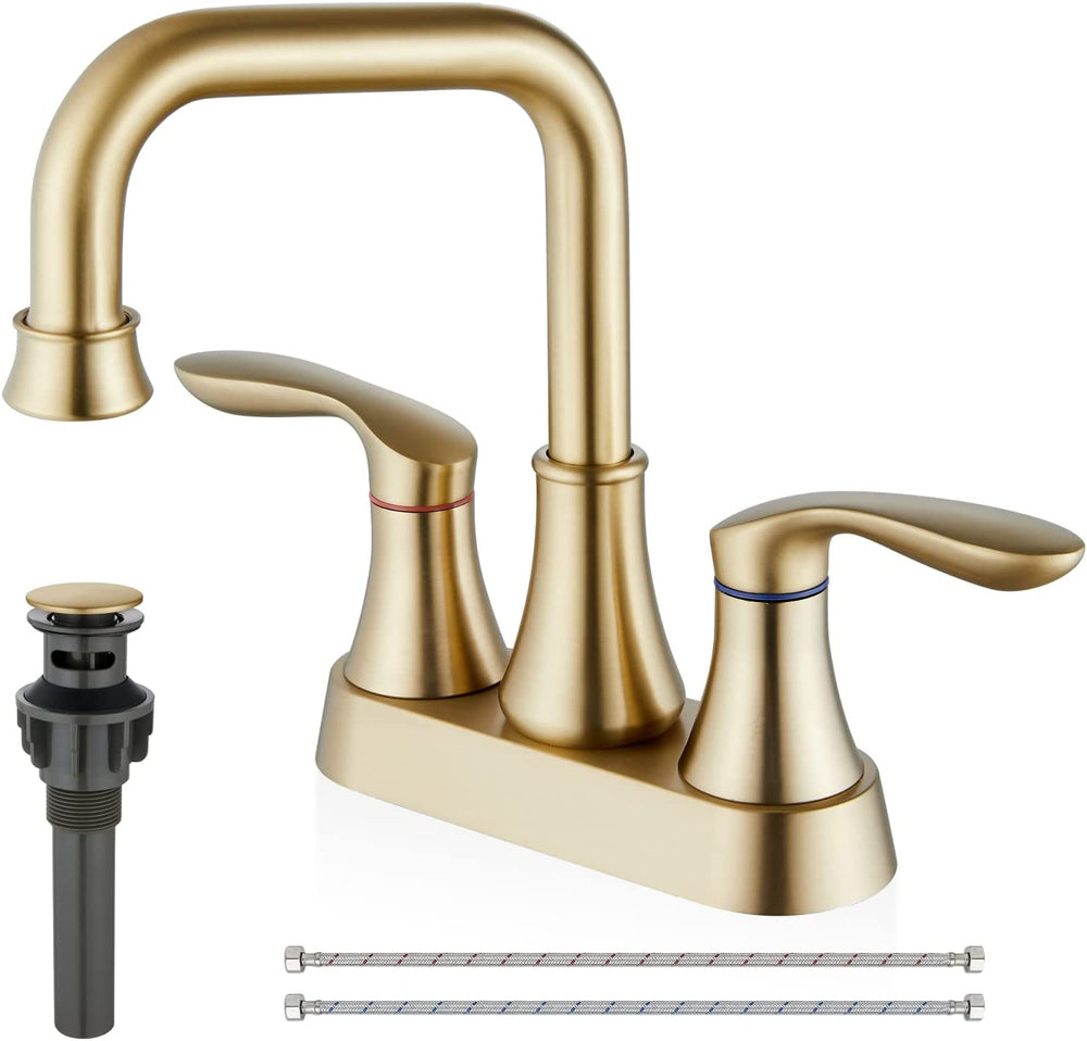 Cinwiny Brushed Gold Centerset 4 Inch Bathroom Sink Faucet NSF&cUPC Standard Double Handle Swivel Spout Lavatory Deck Mount Mixer Tap Two Hole with Pop-up Drain Water Supply Hoses