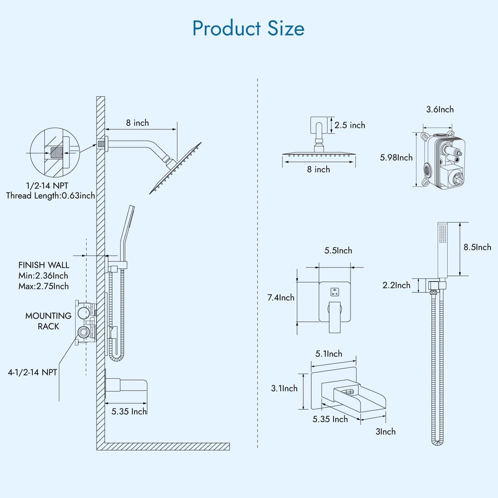 
                  
                    Cinwiny Bathroom Shower Kit 8 Inch Rainfall Shower Head with Hand Held Shower Head Wall Mounted Waterfall Tub Spout Brass Rough-in Valve Triple Function Mixer Shower Faucet Luxury System
                  
                