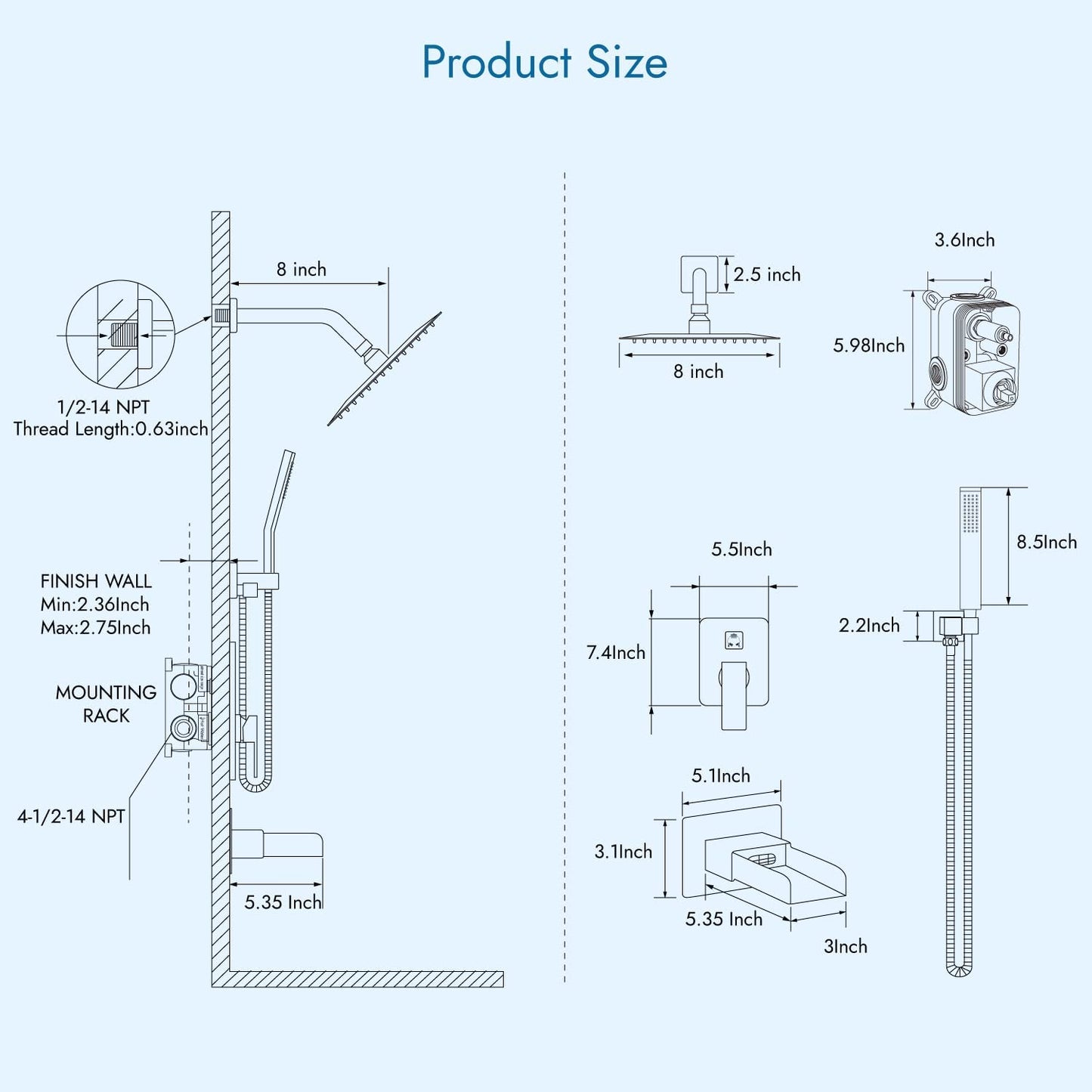 
                  
                    Cinwiny Bathroom Shower Kit 8 Inch Rainfall Shower Head with Hand Held Shower Head Wall Mounted Waterfall Tub Spout Brass Rough-in Valve Triple Function Mixer Shower Faucet Luxury System
                  
                