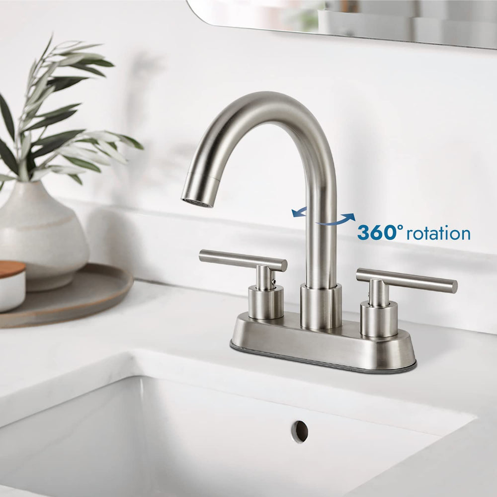 
                  
                    Cinwiny Bathroom SUS304 4 Inch Centerset Sink Faucet  Double Handles Swivel Spout Deck Mount Mixer Tap with Pop-up Drain Lavatory Bathroom Vanity Faucets
                  
                