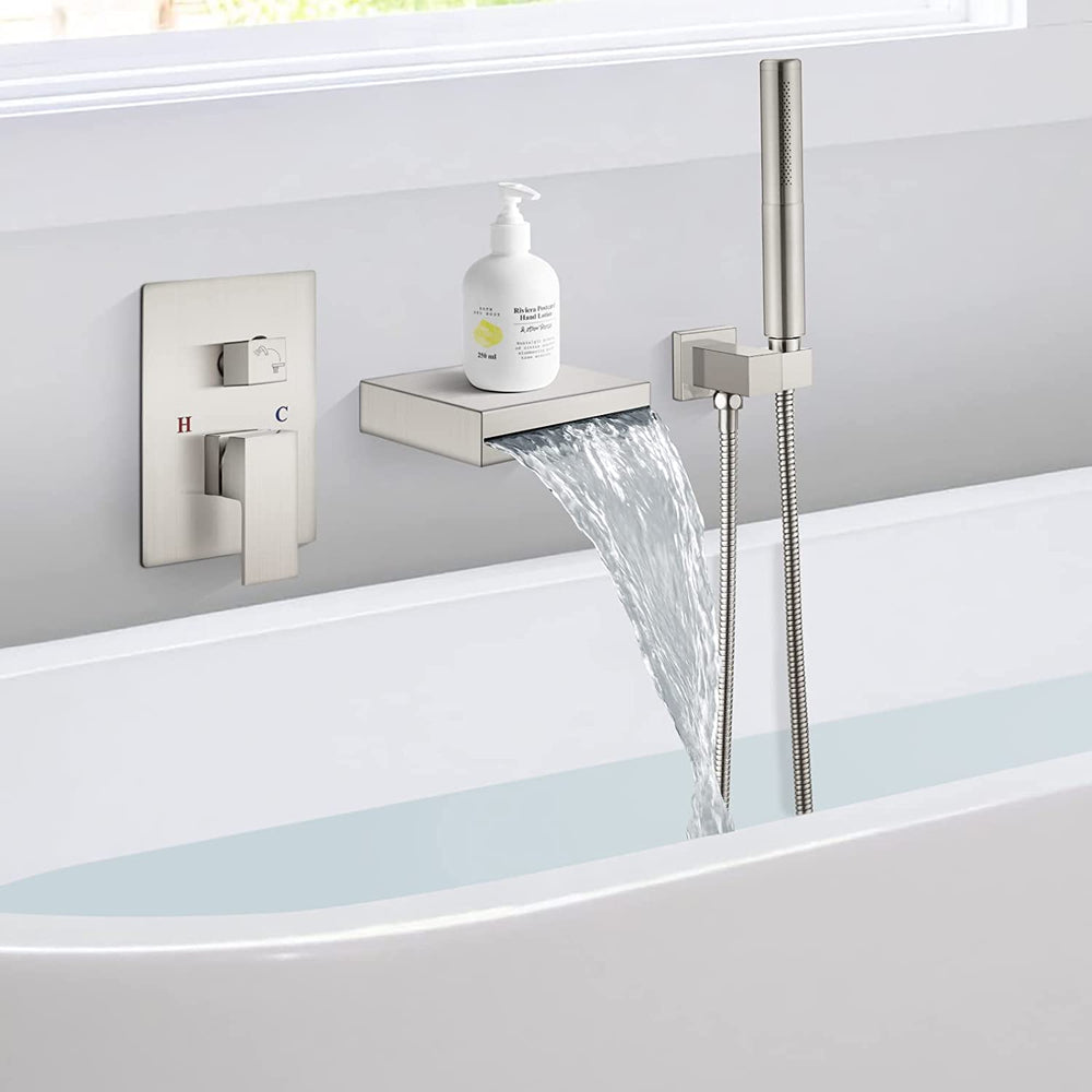 Cinwiny Wall Mount Waterfall Tub Filler Spout with Hand-held Shower 2 in 1 Single Handle Bathtub Shower Faucet Set Rough-in Valve