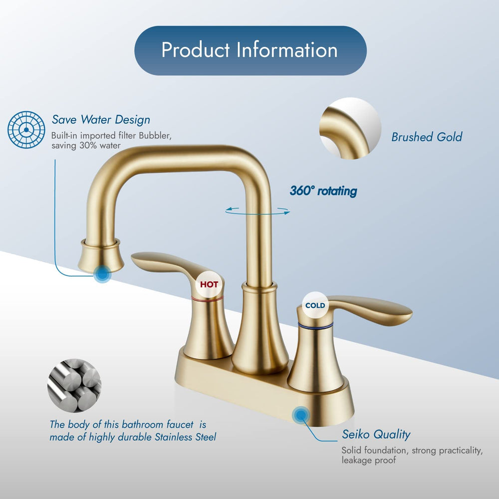 
                  
                    Cinwiny Brushed Gold Centerset 4 Inch Bathroom Sink Faucet NSF&cUPC Standard Double Handle Swivel Spout Lavatory Deck Mount Mixer Tap Two Hole with Pop-up Drain Water Supply Hoses
                  
                