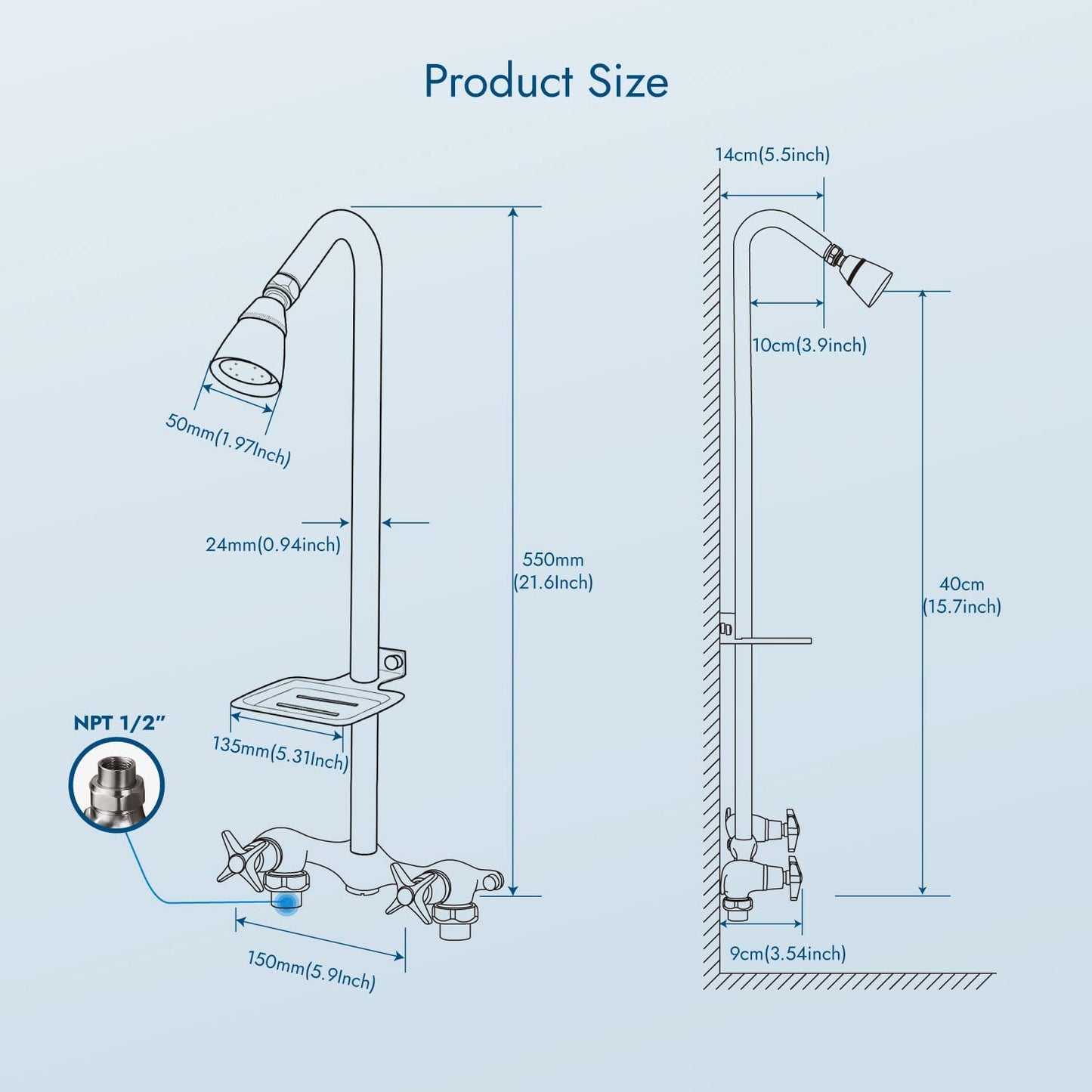 
                  
                    Cinwiny Outdoor Shower Kit Wall Mount Double Cross Handle Brass Mixer Valve Adjustable Shower Head Exposed Shower System Water Inlet Down with Soap Dish
                  
                