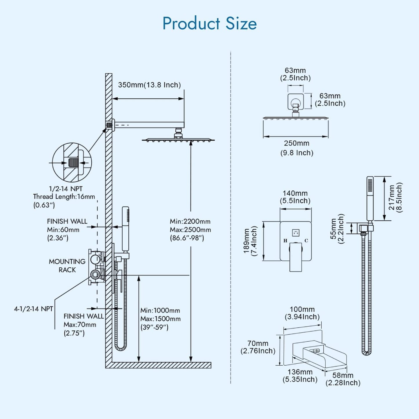 
                  
                    Cinwiny Bathroom Rainfall Shower System 10 Inch Shower Head with 2 in 1 Function Handheld Spray Wall Mount Waterfall Tub Spout Combo Set Rough-in Valve 3 Function Mixer Shower Faucet
                  
                