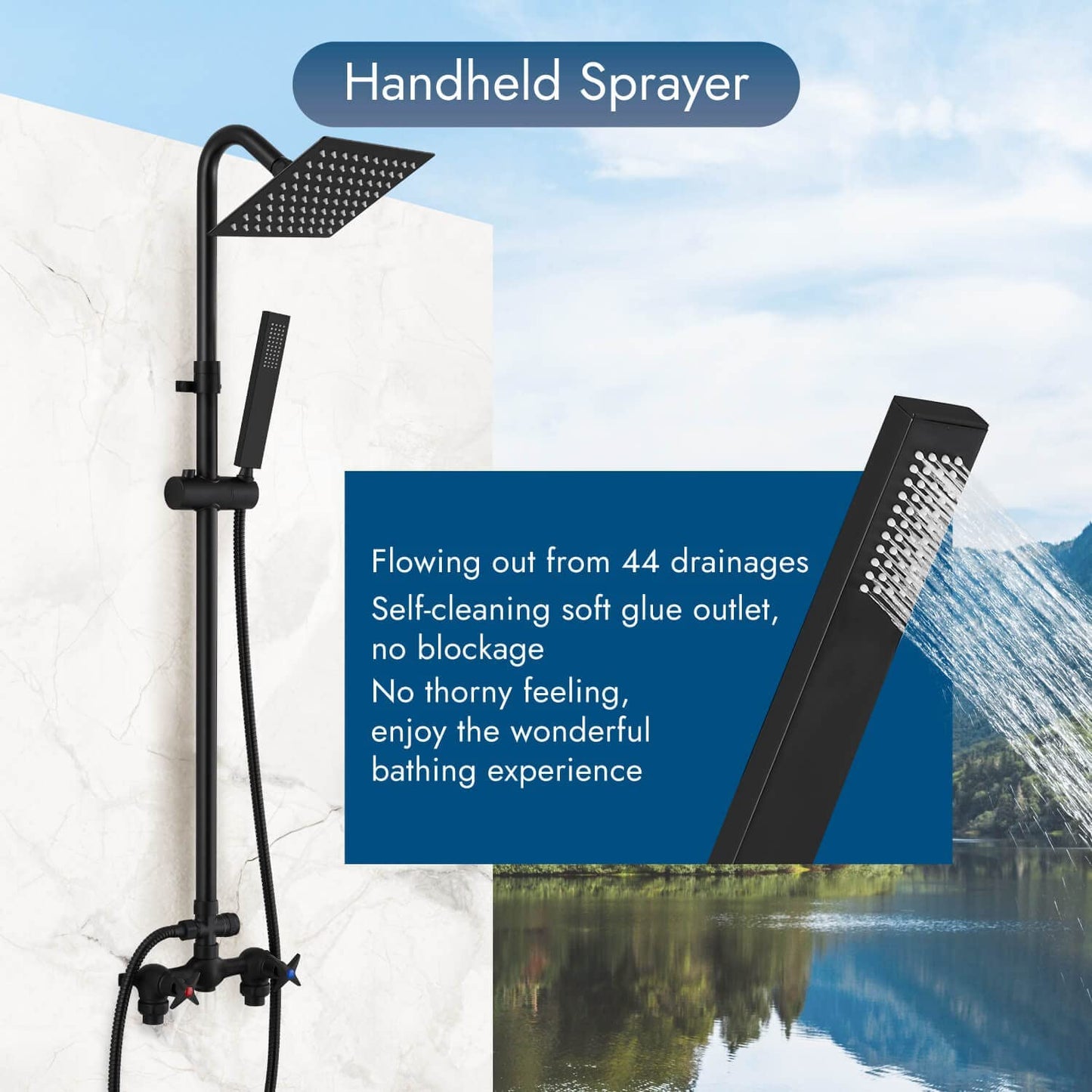 
                  
                    Cinwiny Wall Mount Outdoor Shower Kit Rainfall Shower Head with Hand Held Spray Double Cross Handles with Adjustable Slide Bar Exposed 2 Function Shower Faucet Fixture
                  
                