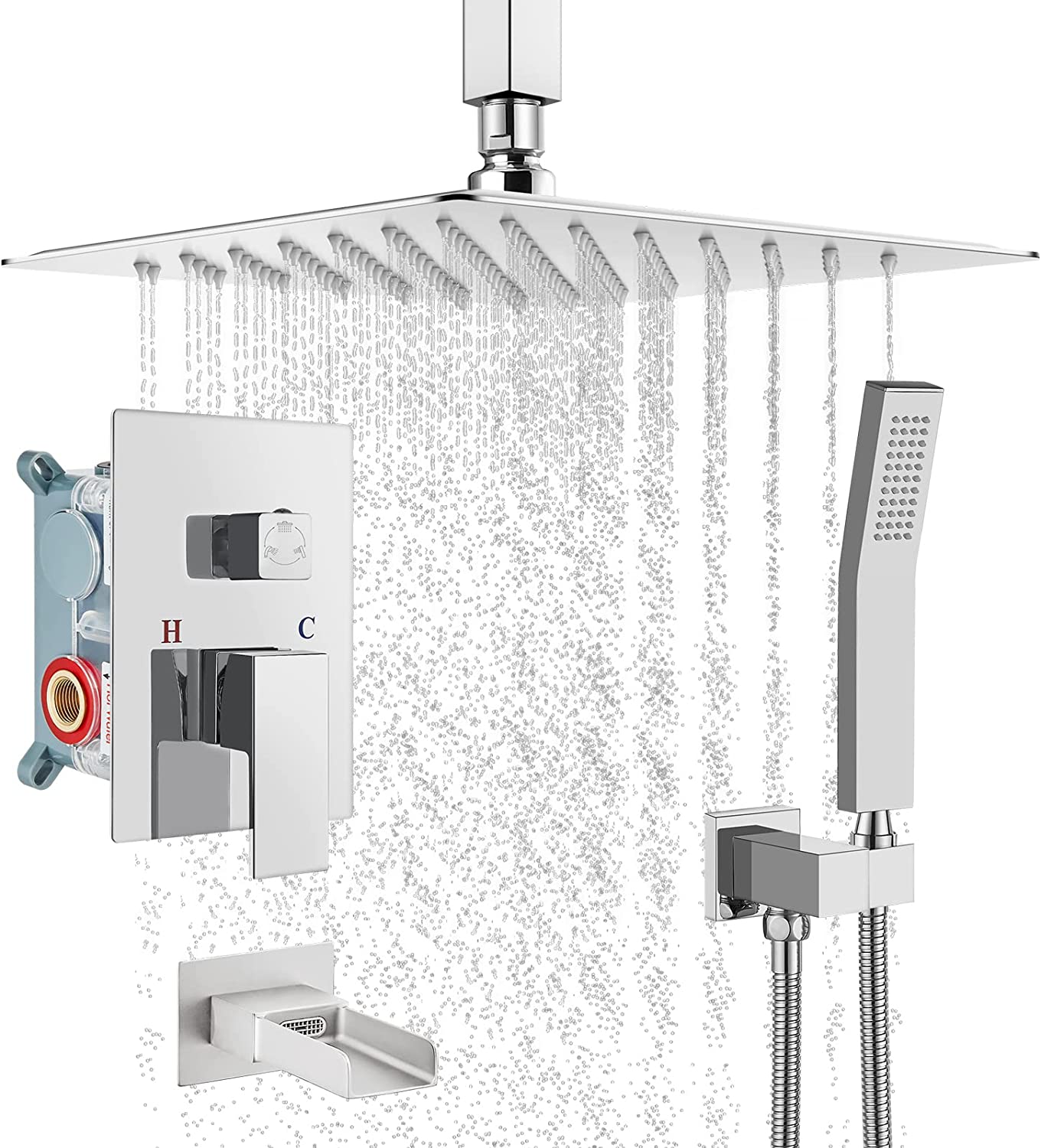 
                  
                    Cinwiny 12 Inch Bathroom Shower System Rainfall Shower Head with Handheld Spray Ceiling Mount Waterfall Tub Spout Combo Set Rough-in Valve 3 Function Mixer Shower Faucet Luxury
                  
                