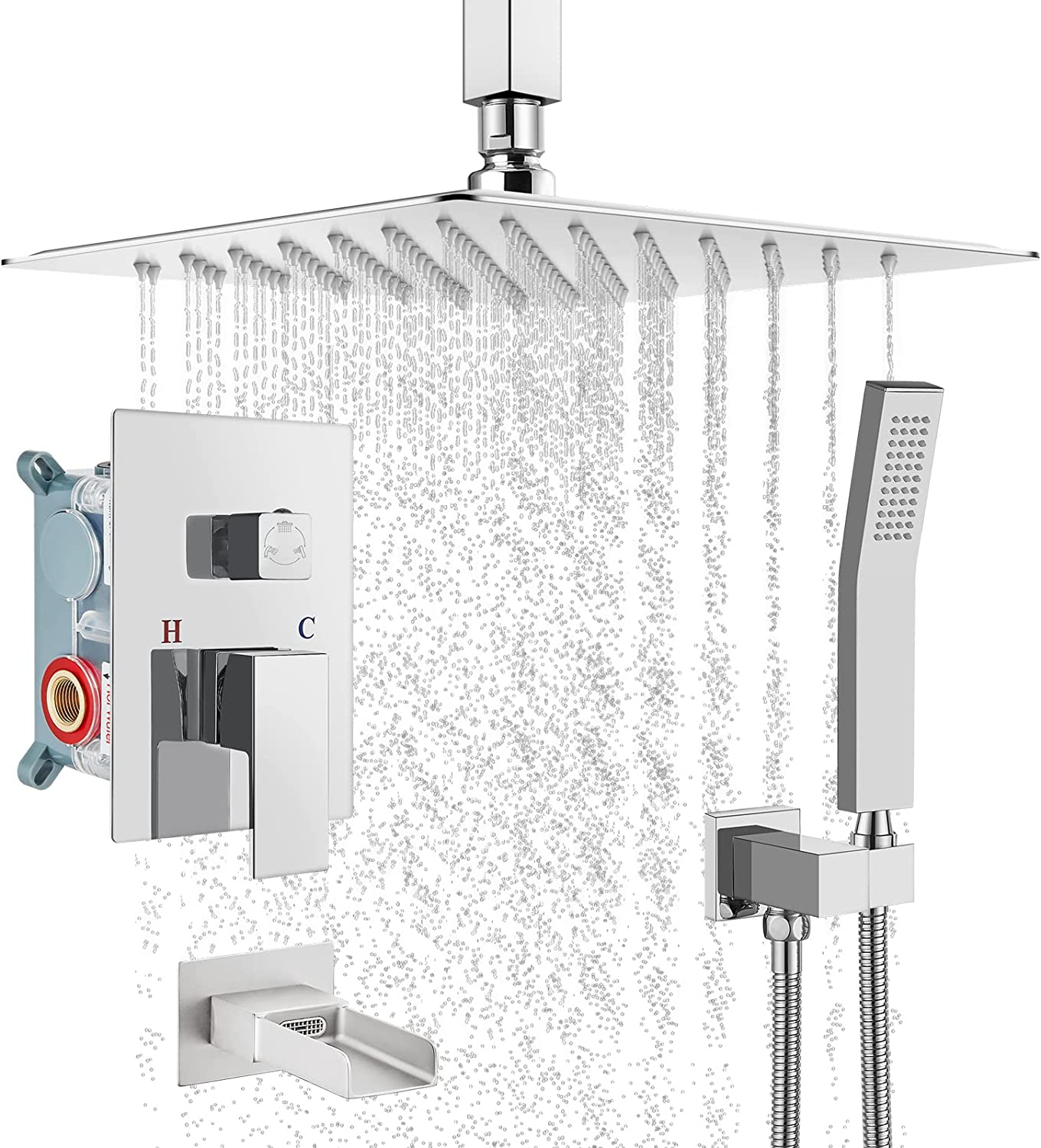 
                  
                    Cinwiny 10 Inch Ceiling Mount Bathroom Shower System Rainfall Shower Head with Handheld Spray Waterfall Tub Spout Combo Set Rough-in Valve 3 Function Mixer Shower Faucet Luxury
                  
                