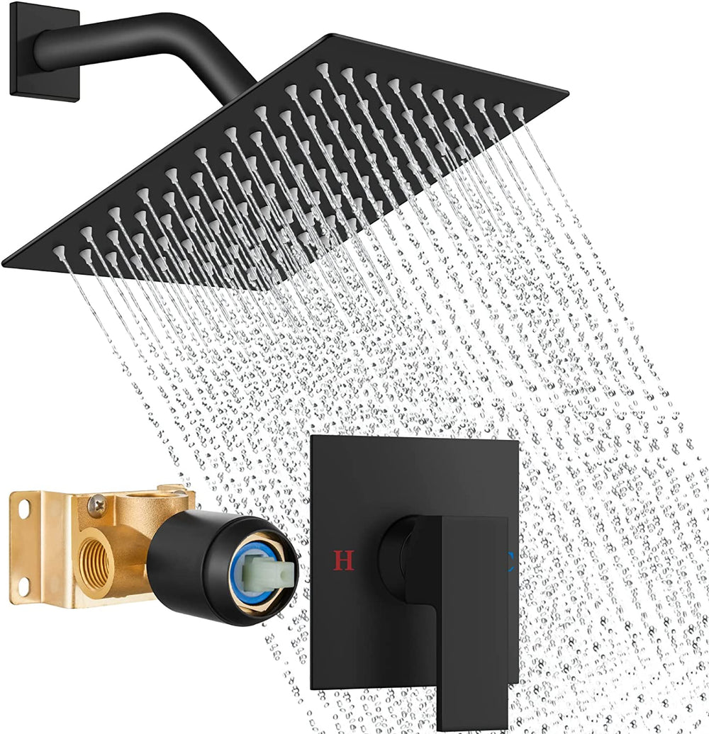 Cinwiny Wall Mounted Rain Shower System with 8 Inch Square Showerhead Bathroom Shower Faucet Set Single Function Single Handle With Rough-in Valve Bathroom Rainfall Shower Trim Kit