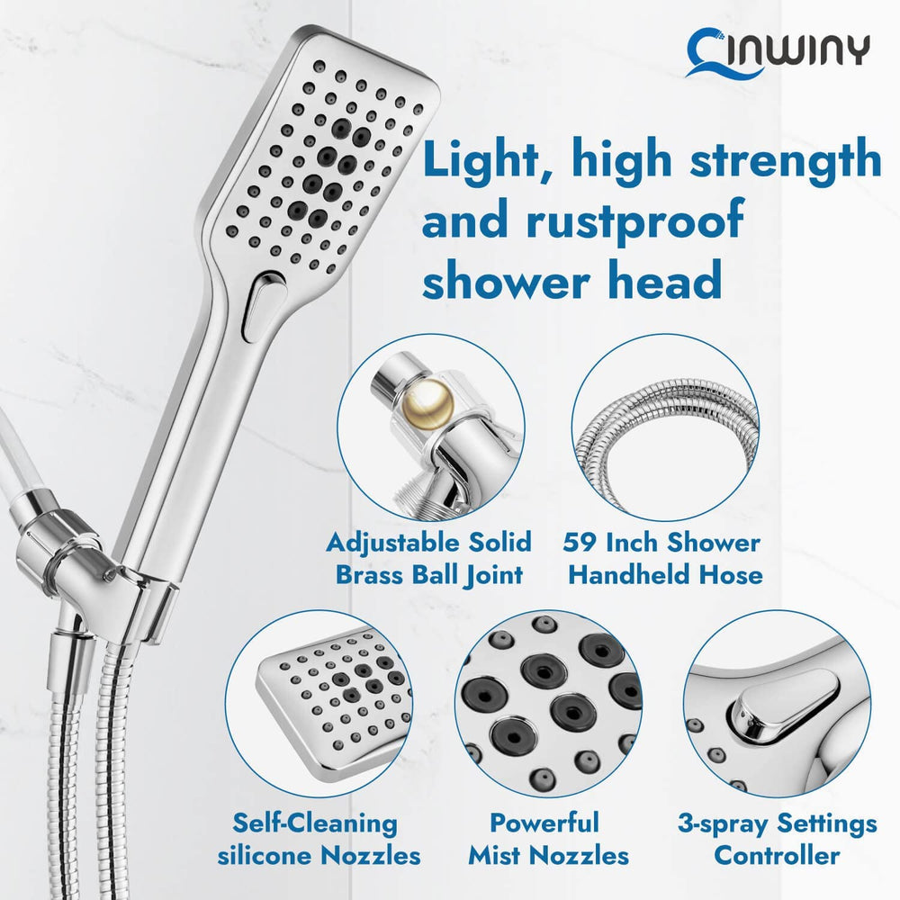 
                  
                    Cinwiny Shower Head with Handheld Wall Mounted High Flow Square Hand Held Sprayer ABS 3 Spray Modes with Adjustable Shower Bracket Holder & 59” SUS304 Hose Combo
                  
                