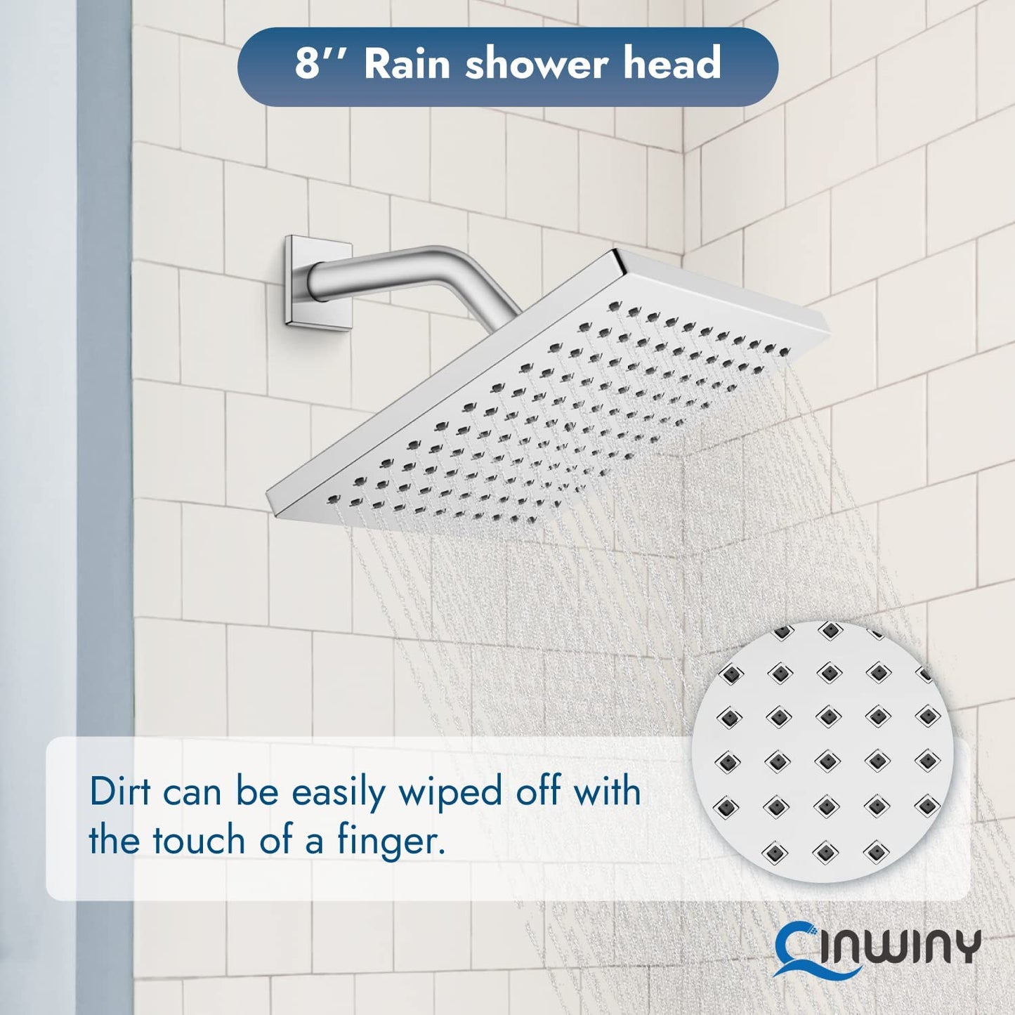 
                  
                    Cinwiny Rain Shower Head 8” Square Overhead Shower High Pressure Angle Adjustable Waterfall Modern Luxury ABS Bathroom Showerhead with Silicone Noozles
                  
                