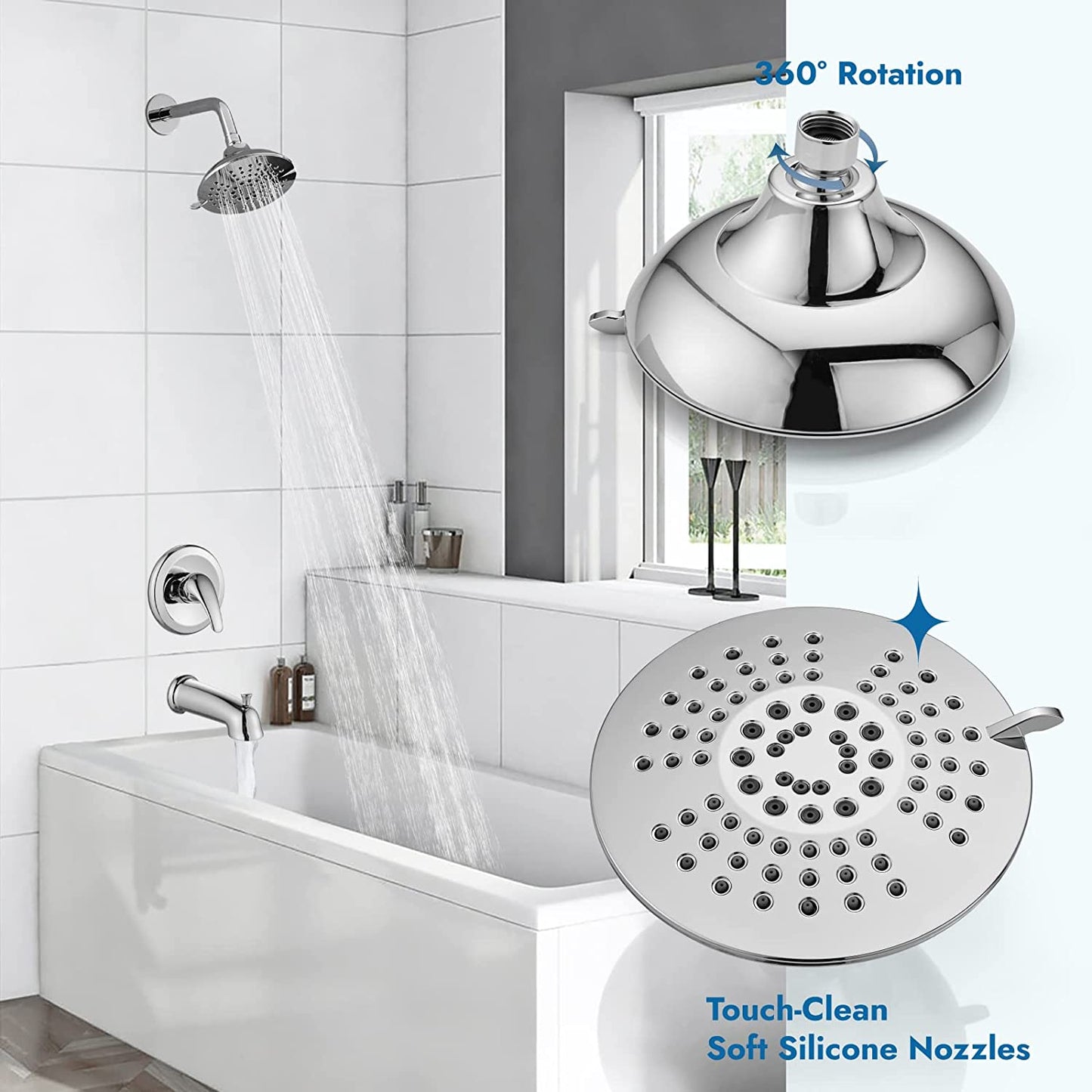 
                  
                    Cinwiny Shower System with Tub Spout Wall Mounted 5 Modes 6”Shower Head with Bathtub Filler Trim Kit with Pressure Balance Rough-in Valve 1 Handle 2 Function Bathroom Shower Faucet Set
                  
                