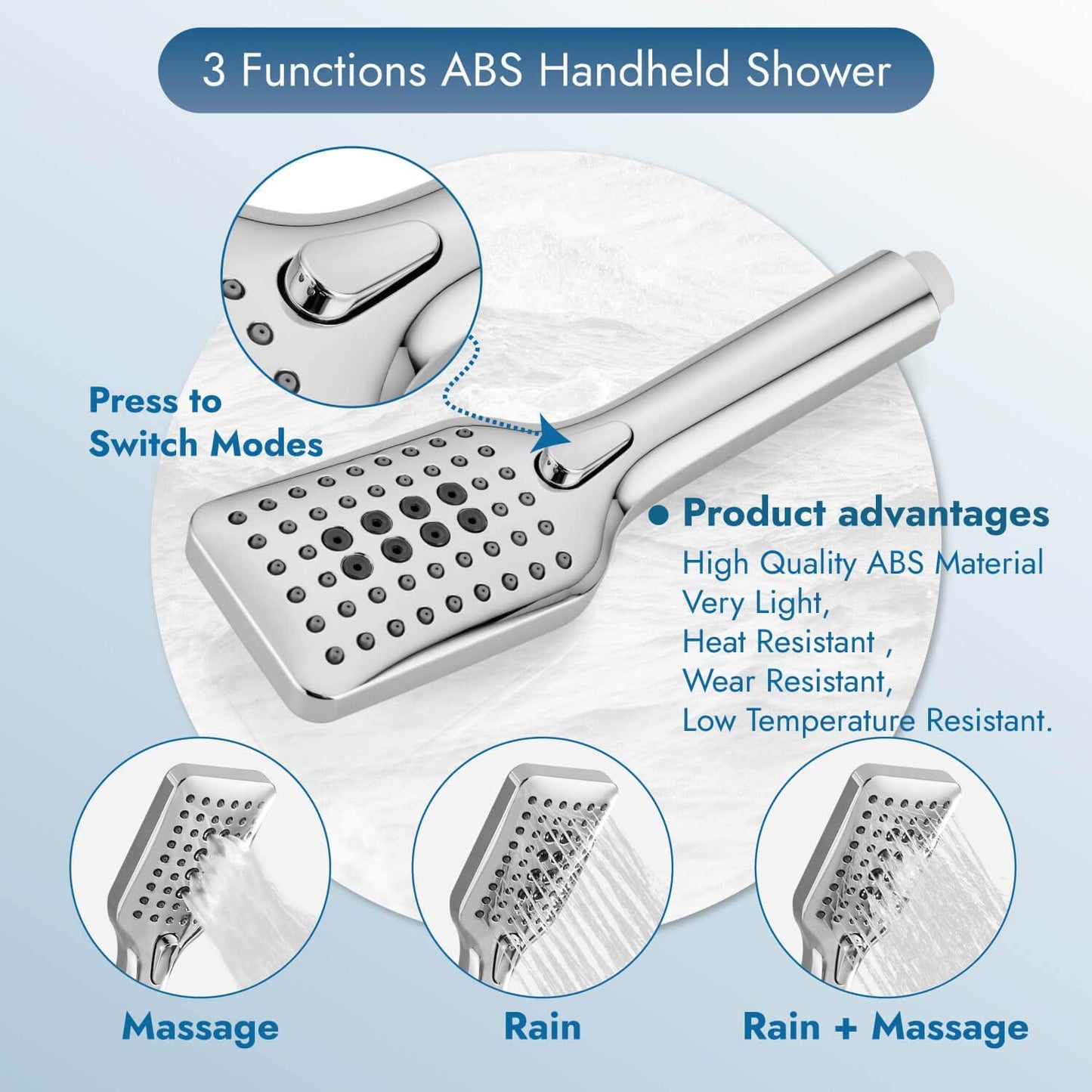 
                  
                    Cinwiny Shower Head with Handheld Wall Mounted High Flow Square Hand Held Sprayer ABS 3 Spray Modes with Adjustable Shower Bracket Holder & 59” SUS304 Hose Combo
                  
                