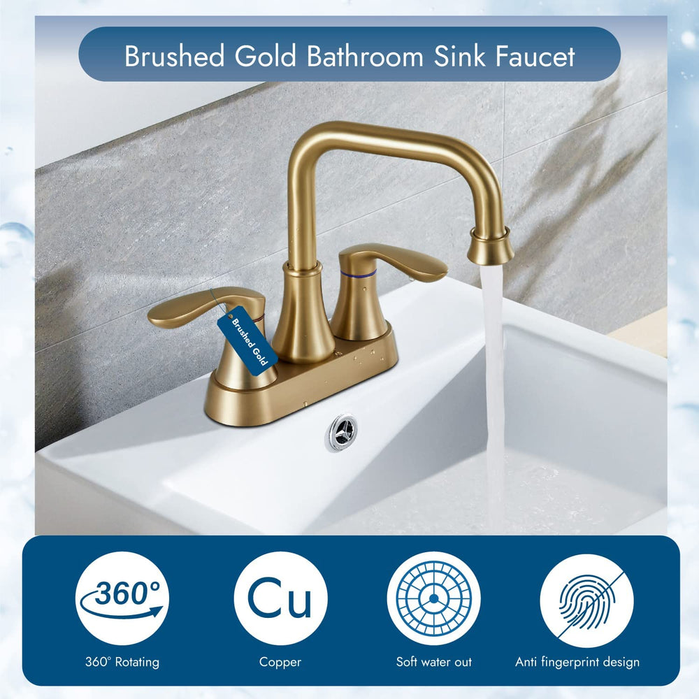 
                  
                    Cinwiny Brushed Gold Centerset 4 Inch Bathroom Sink Faucet NSF&cUPC Standard Double Handle Swivel Spout Lavatory Deck Mount Mixer Tap Two Hole with Pop-up Drain Water Supply Hoses
                  
                