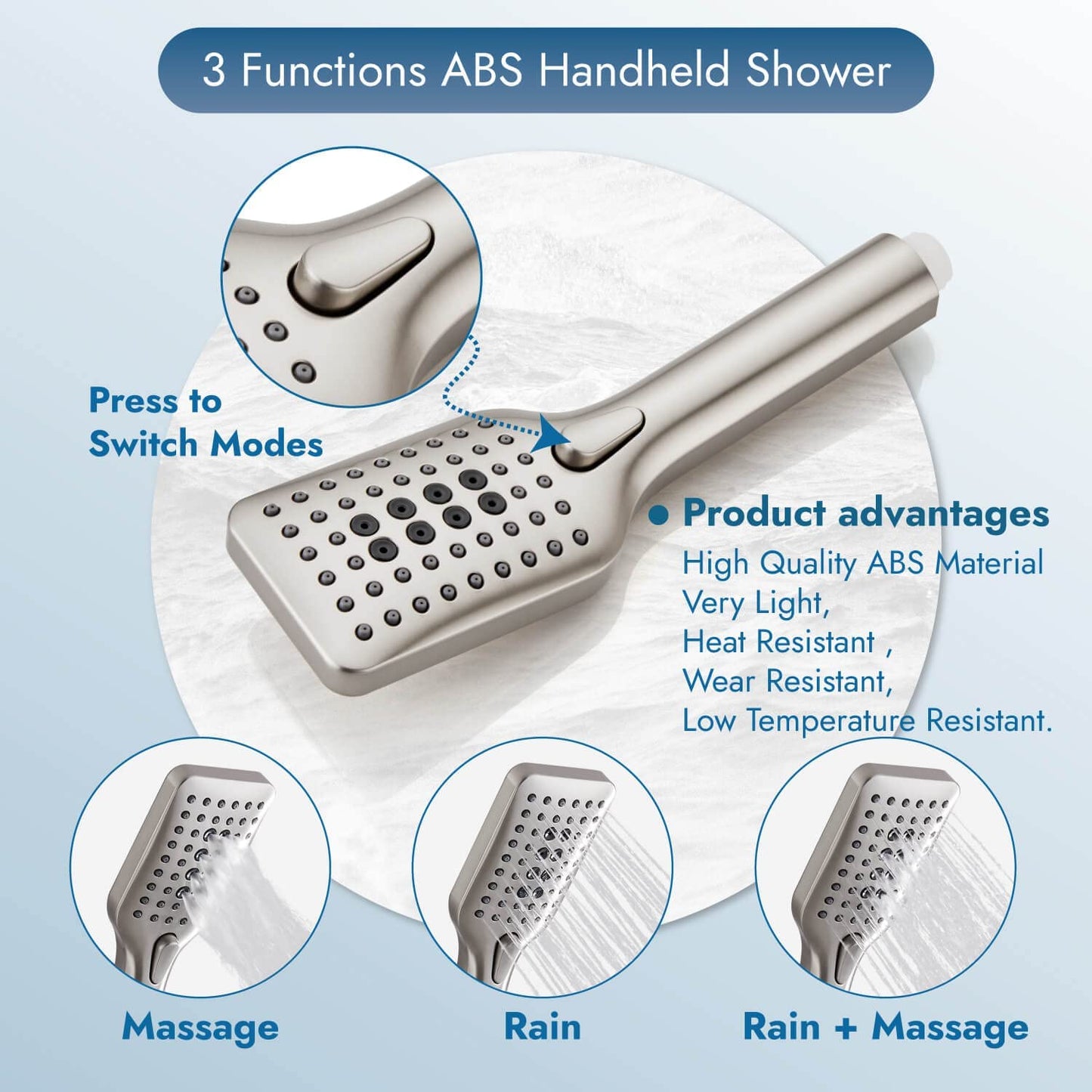 
                  
                    Cinwiny Shower Head with Handheld Wall Mounted High Flow Square Hand Held Sprayer ABS 3 Spray Modes with Adjustable Shower Bracket Holder & 59” SUS304 Hose Combo
                  
                