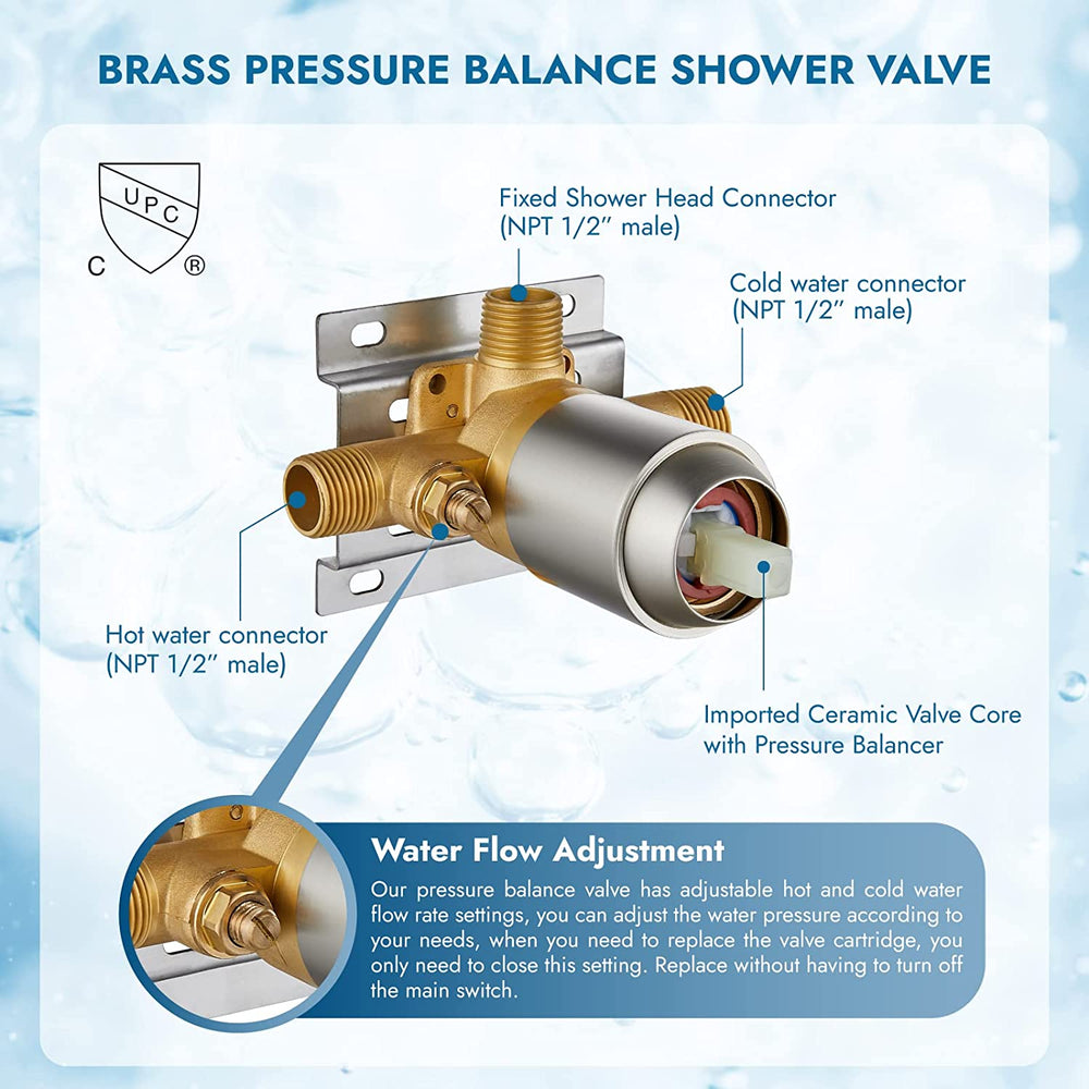 
                  
                    Cinwiny Wall Mount Bathroom Shower Trim Kit with Pressure Balance Rough-in Valve 5-setting 6 Inch Shower Head Single Function One Handle Shower Faucet System Set Bath Fixtures
                  
                