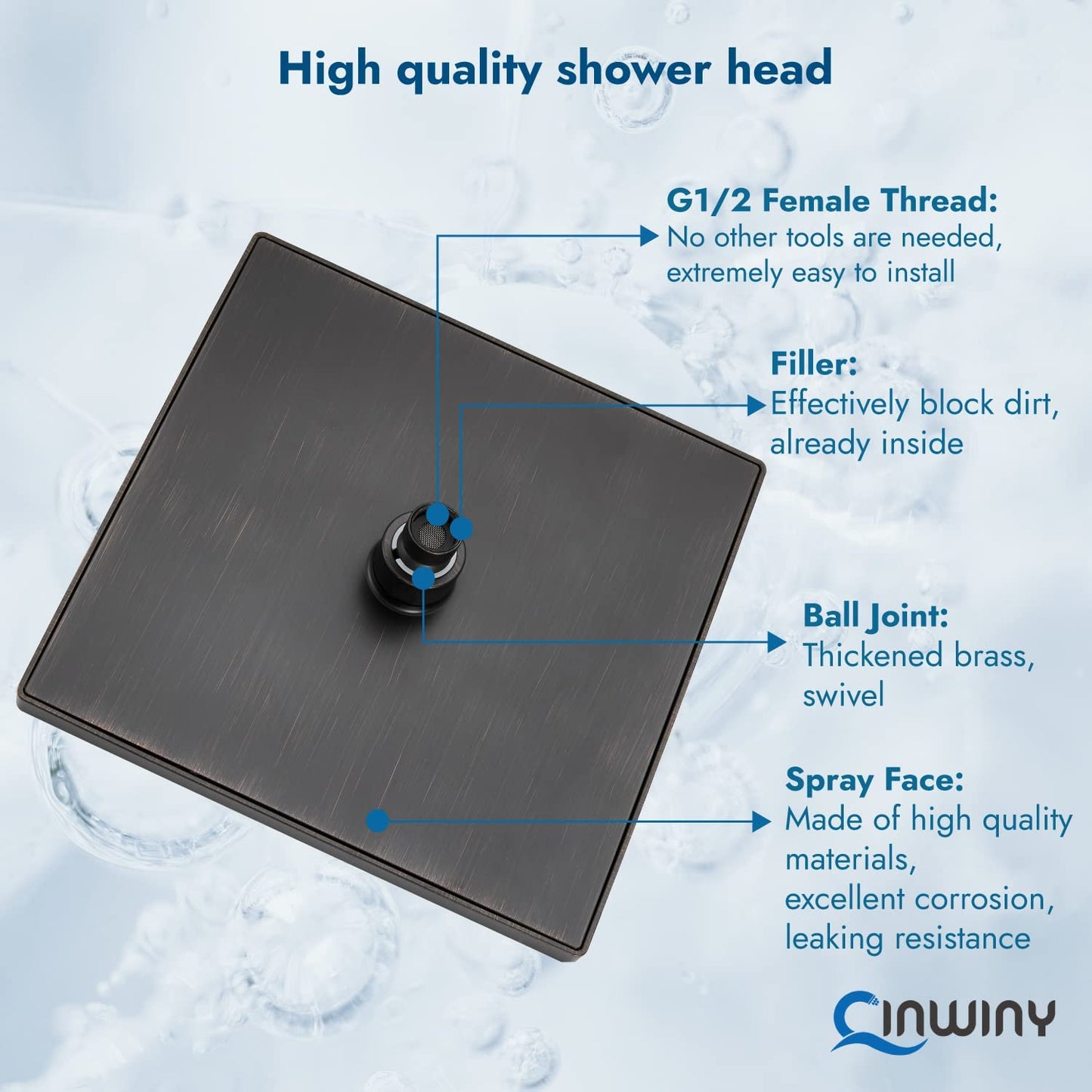 
                  
                    Cinwiny Rain Shower Head 8” Square Overhead Shower High Pressure Angle Adjustable Waterfall Modern Luxury ABS Bathroom Showerhead with Silicone Noozles
                  
                