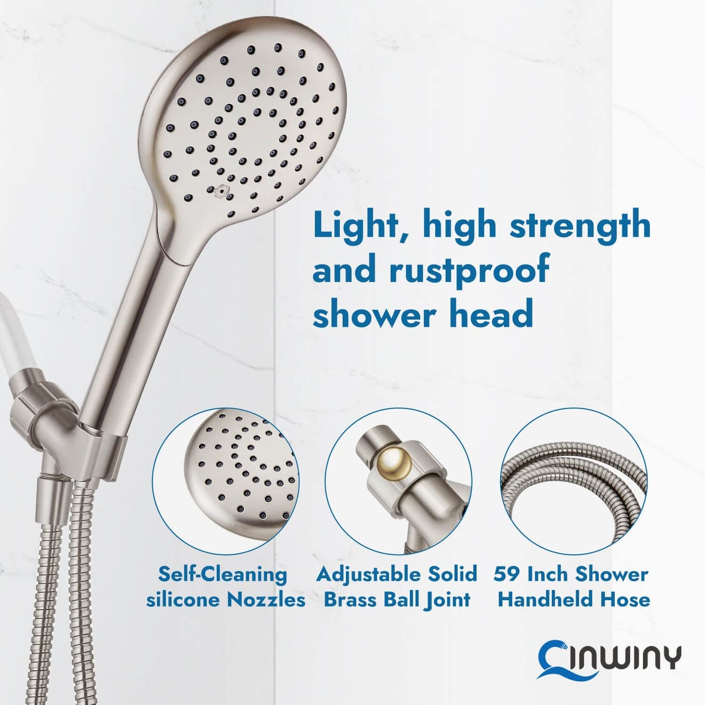 
                  
                    Cinwiny Hand Held Showerhead High Flow Wall Mounted Round Handheld Shower Sprayer ABS Single Function with Adjustable Shower Holder and 59” Stainless Steel Hose
                  
                