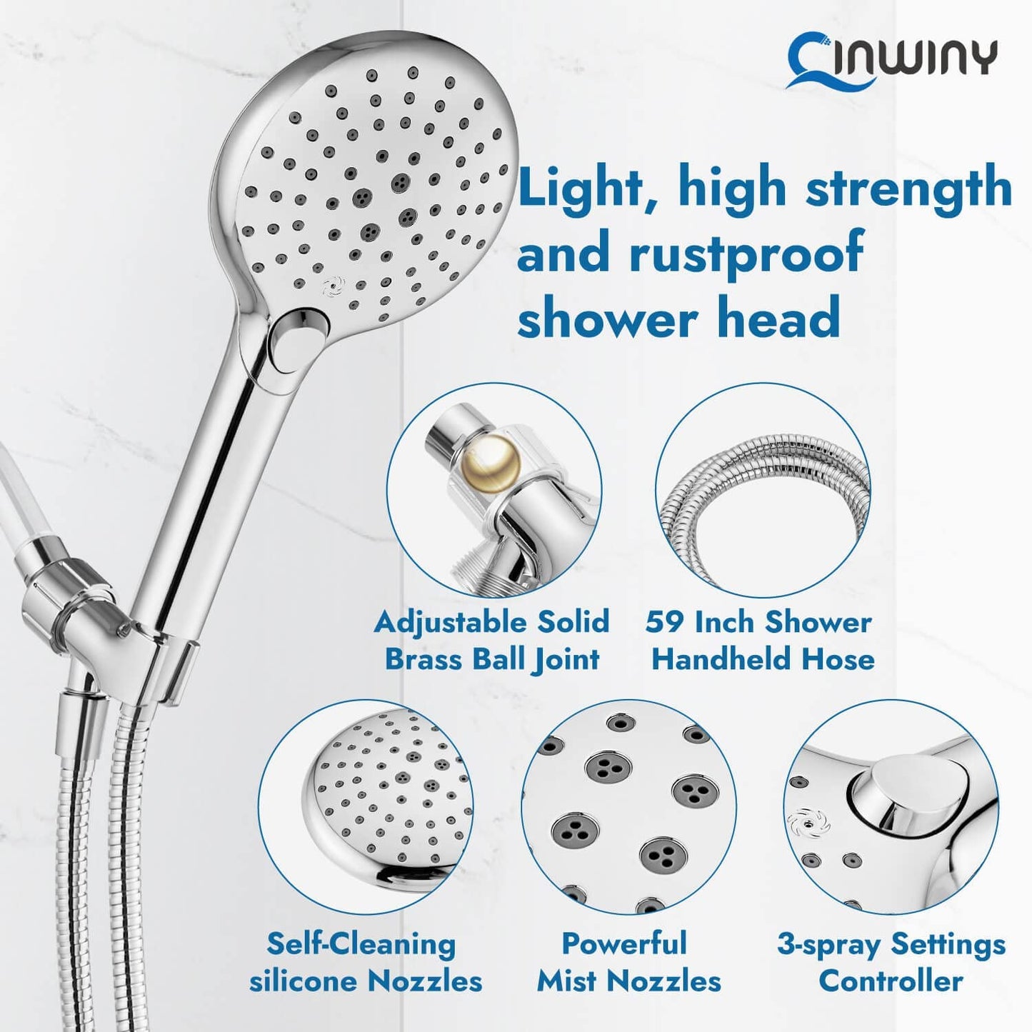 
                  
                    Cinwiny Handheld Shower Head High Pressure Wall Mount Round ABS 3 Settings Hand Held Sprayer Set with Adjustable Shower Bracket 59 Inch Stainless Steel Hose
                  
                