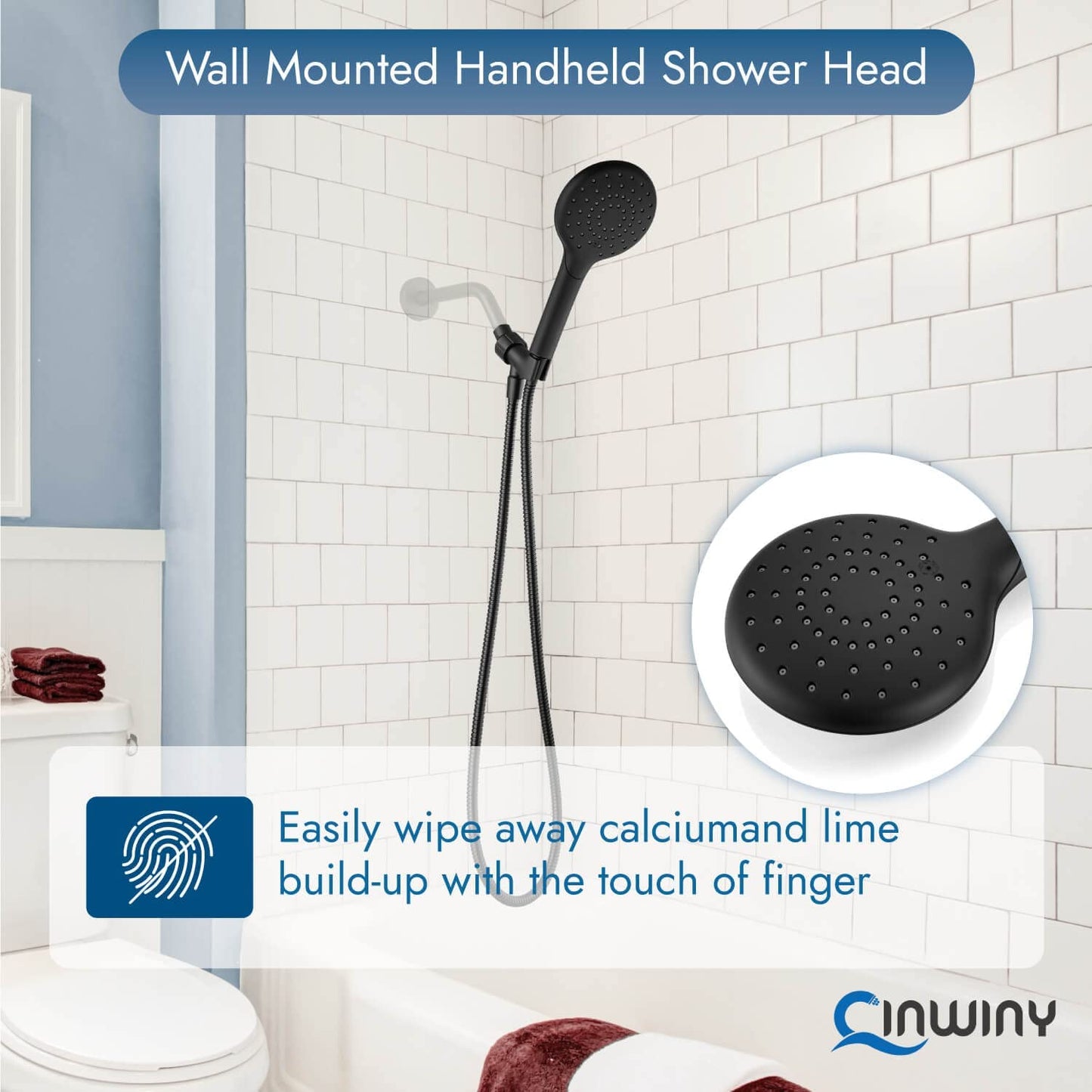 
                  
                    Cinwiny Hand Held Showerhead High Flow Wall Mounted Round Handheld Shower Sprayer ABS Single Function with Adjustable Shower Holder and 59” Stainless Steel Hose
                  
                